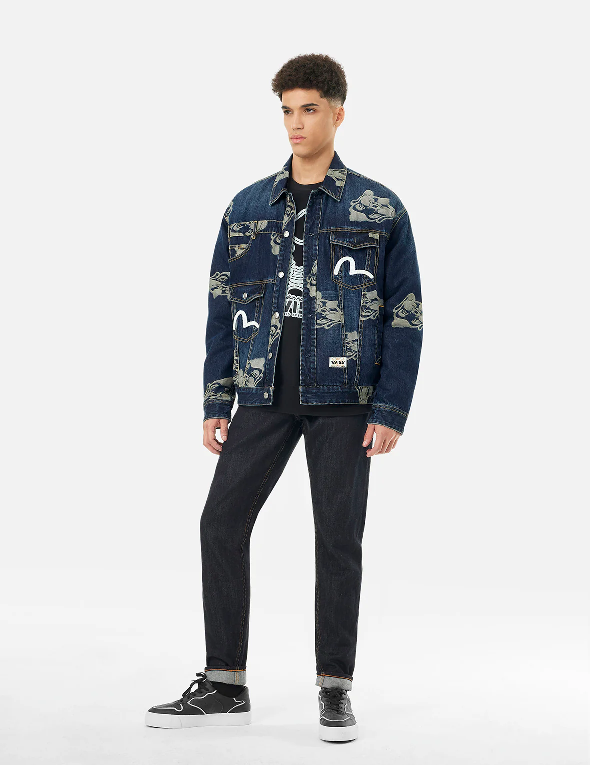 Allover Godhead Jacquard and Seagull Embroidery Loose Fit Deconstructive Denim Jacket - Image 3