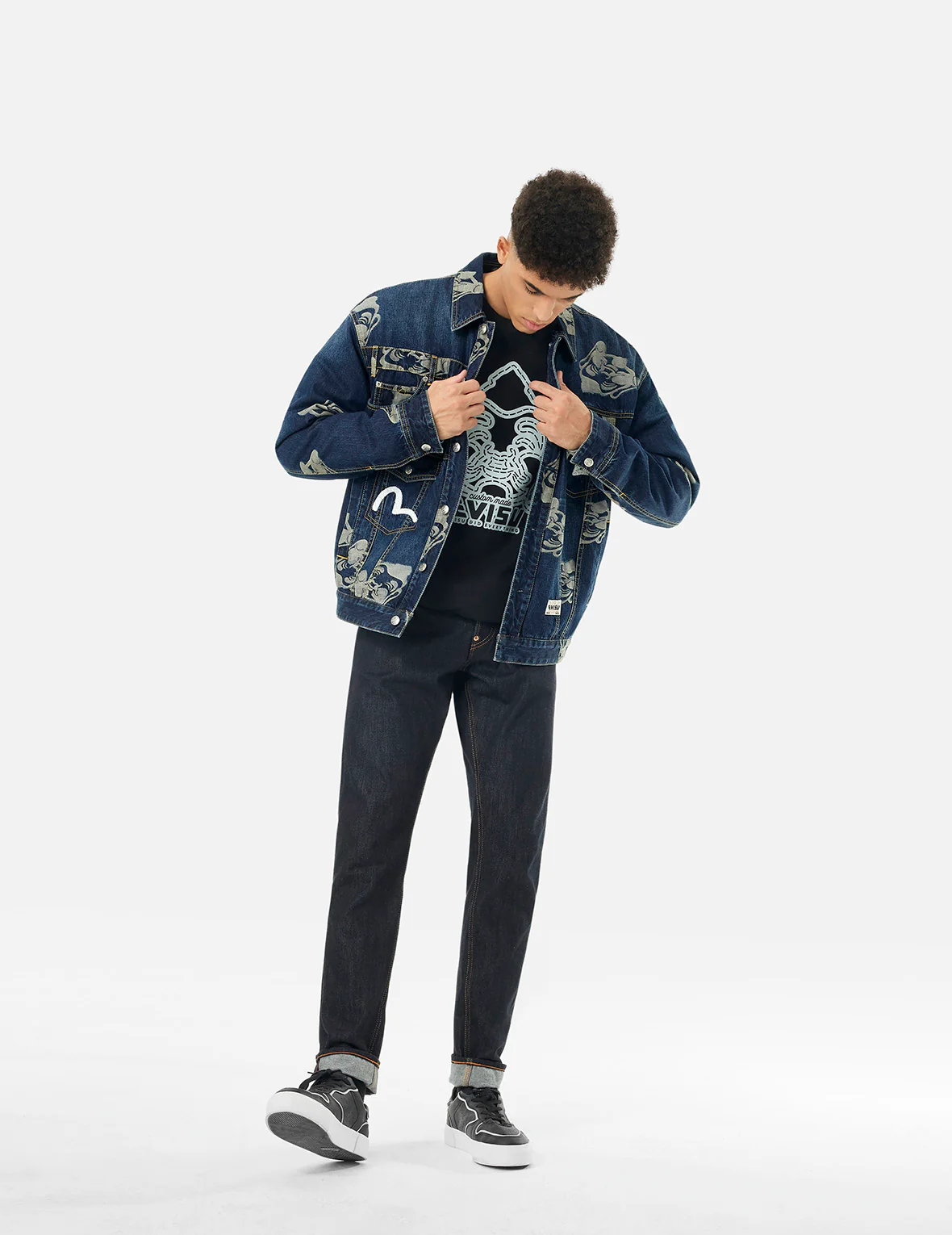 Allover Godhead Jacquard and Seagull Embroidery Loose Fit Deconstructive Denim Jacket - Image 5