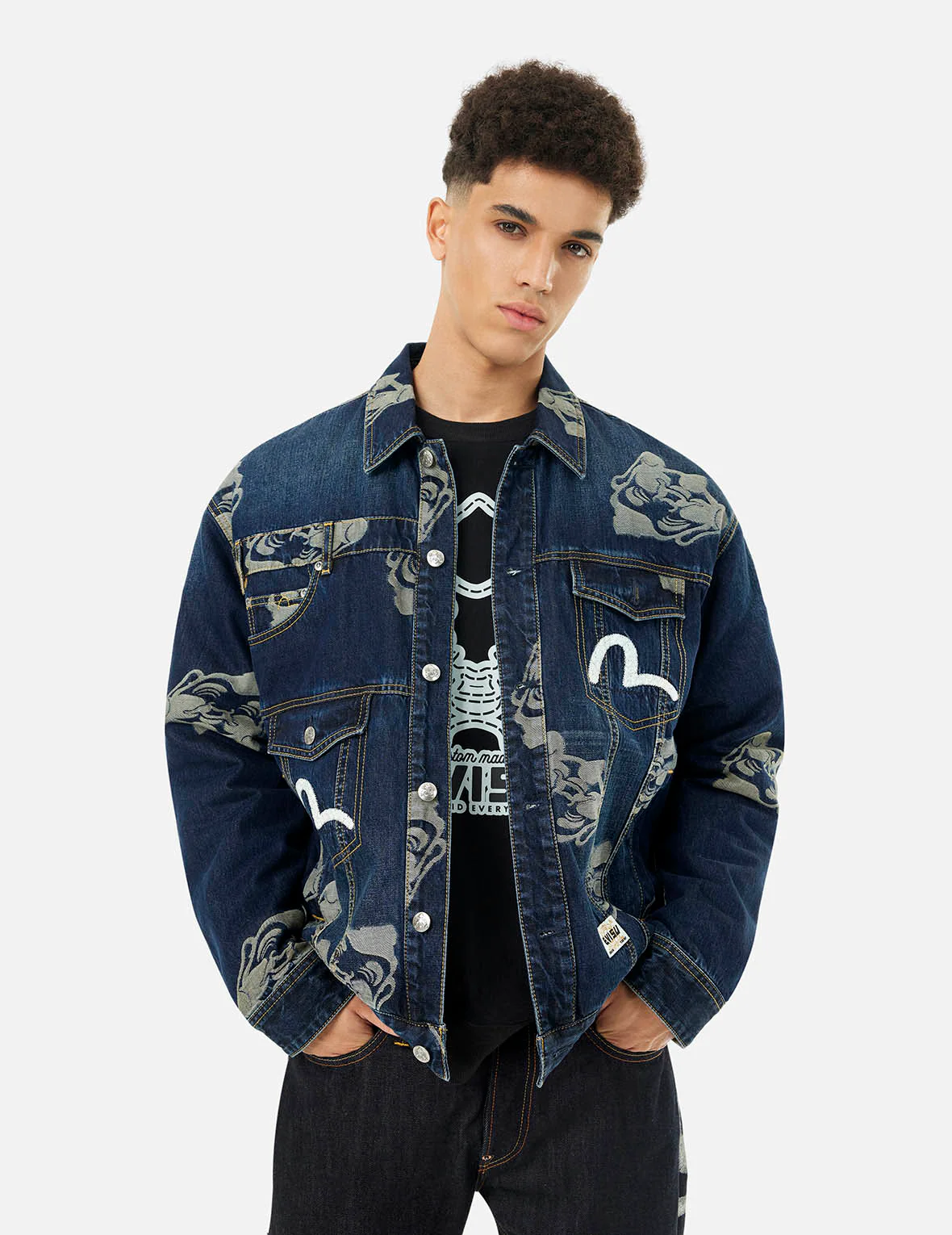 Allover Godhead Jacquard and Seagull Embroidery Loose Fit Deconstructive Denim Jacket - Image 7
