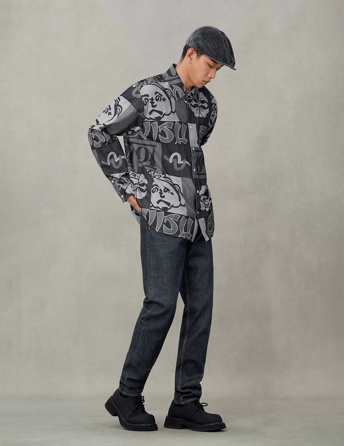 Allover Henohenomohe Godhead Jacquard Relax Fit Denim Shirt - Image 5