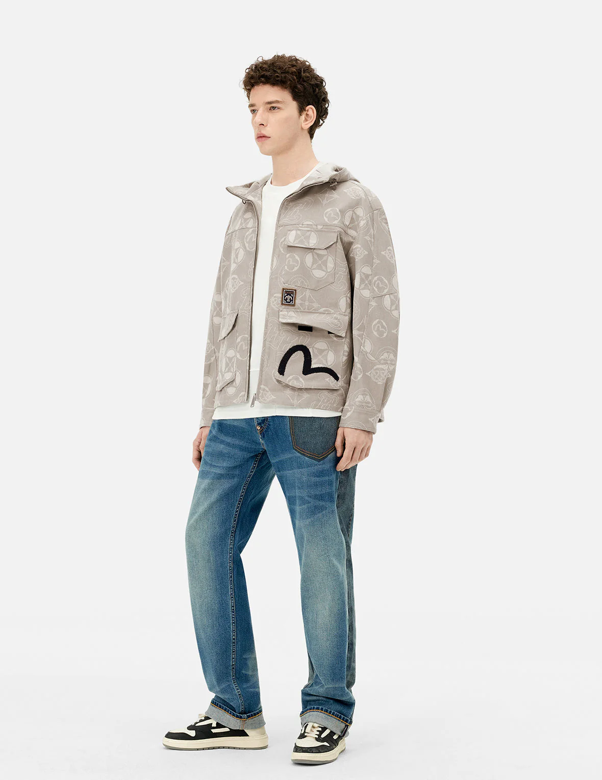 Allover Kamon and Seagull Jacquard Relax Fit Hooded Jacket - Image 3