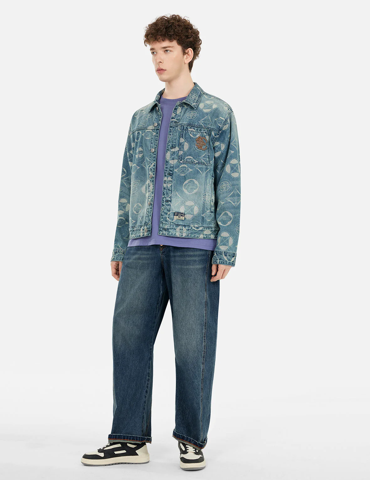 Allover Kamon Jacquard Loose Fit Denim Jacket - Image 3