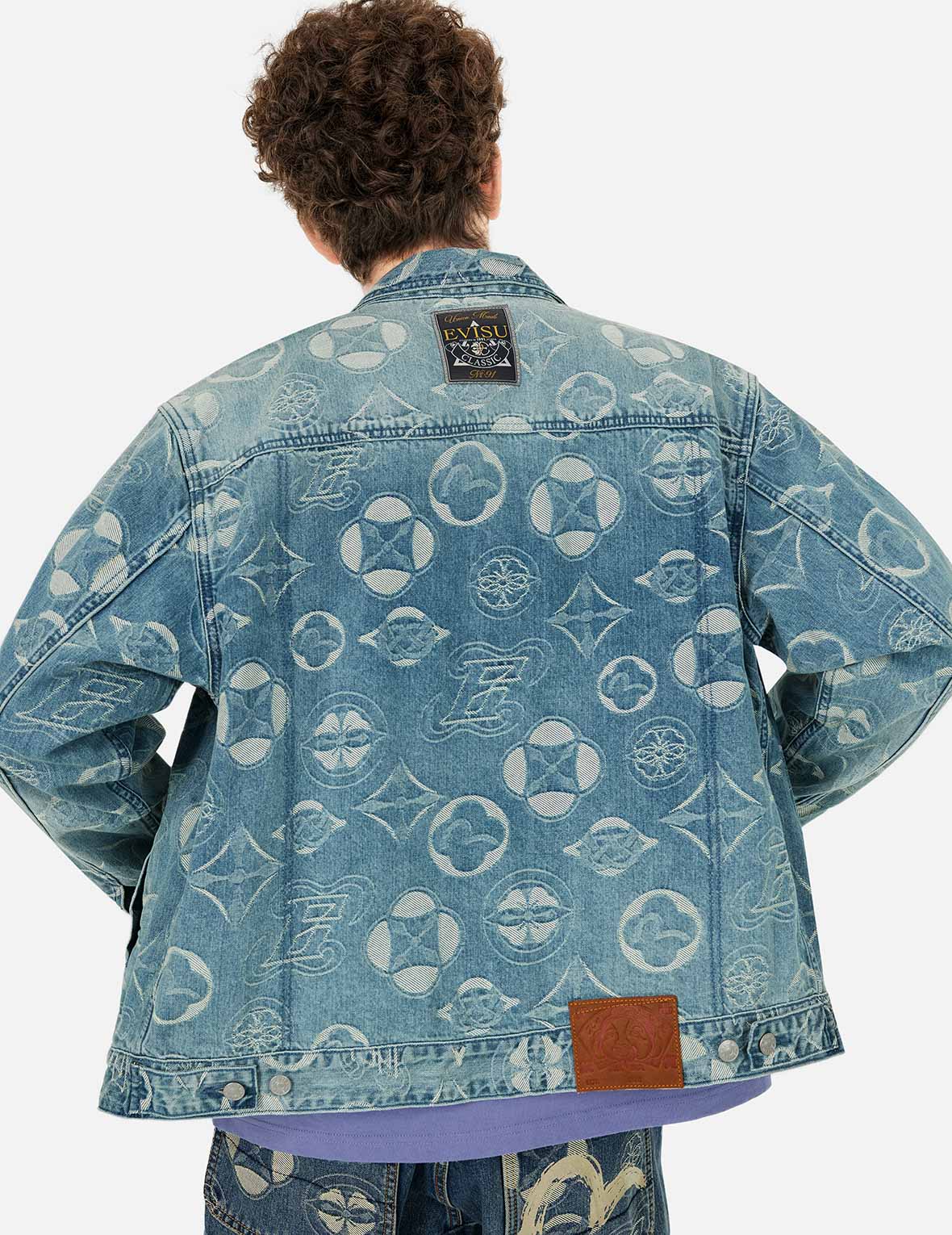 Allover Kamon Jacquard Loose Fit Denim Jacket - Image 5