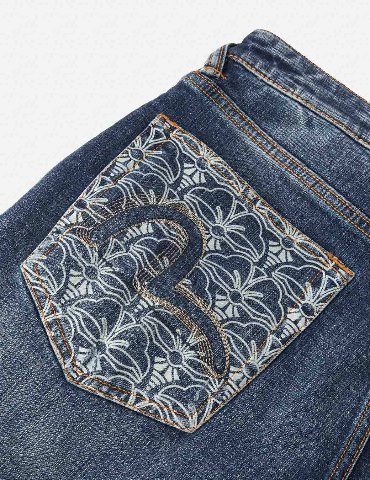Allover Kamon Print and Seagull Embroidery pockets Fashion Fit Jeans - Image 10