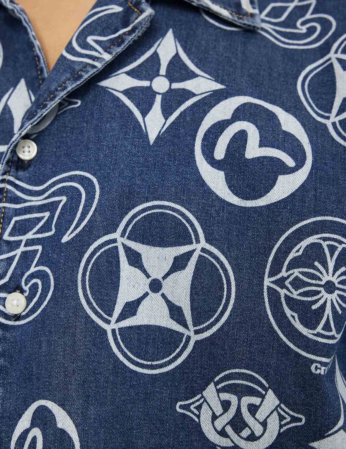 Allover Kamon Print Relax Fit Denim Short Sleeves Shirt - Image 6