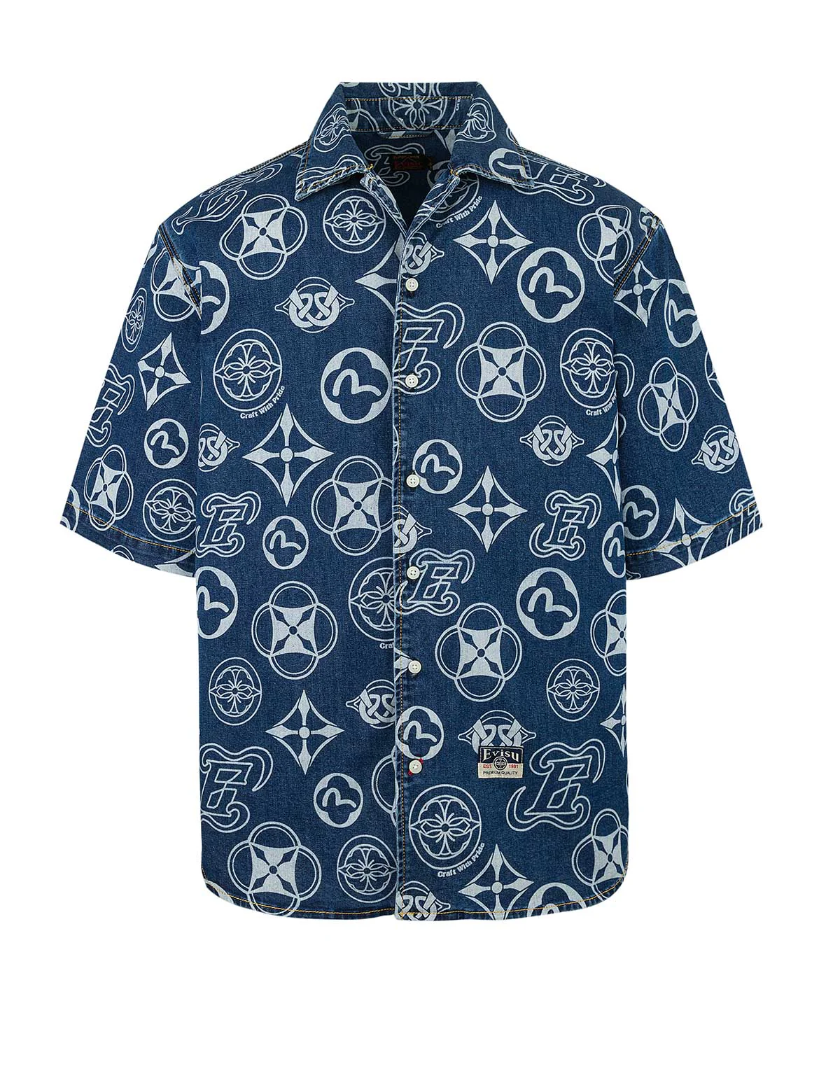 Allover Kamon Print Relax Fit Denim Short Sleeves Shirt - Image 7