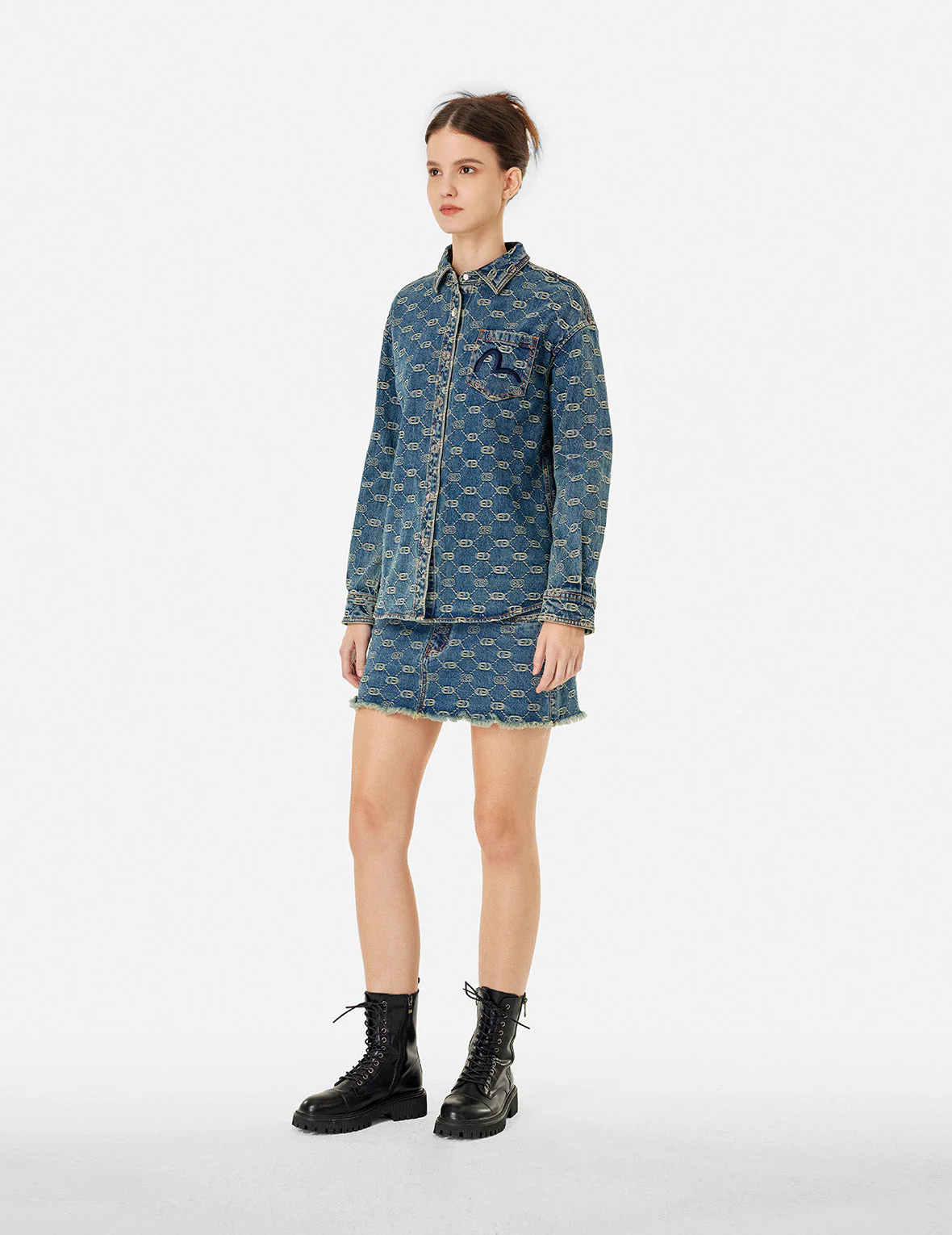 Allover Logo Jacquard and Seagull Embroidery Boyfriend Fit Denim Shirt Jacket - Image 3