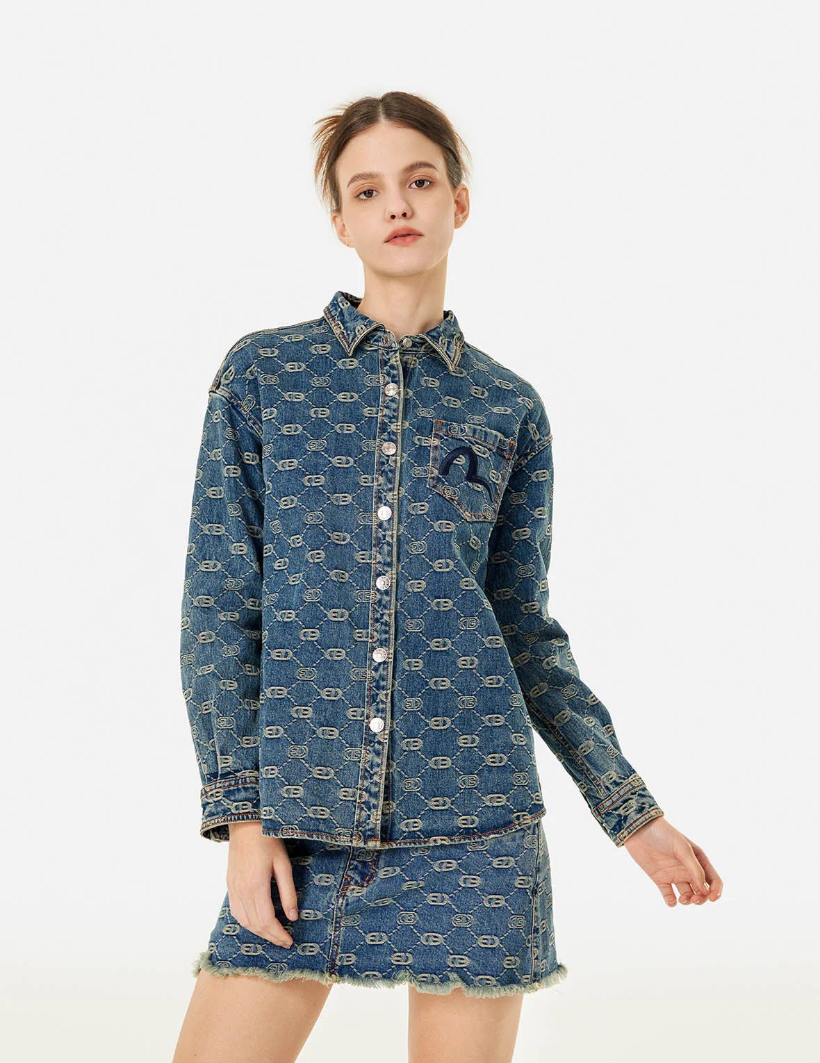Allover Logo Jacquard and Seagull Embroidery Boyfriend Fit Denim Shirt Jacket - Image 5