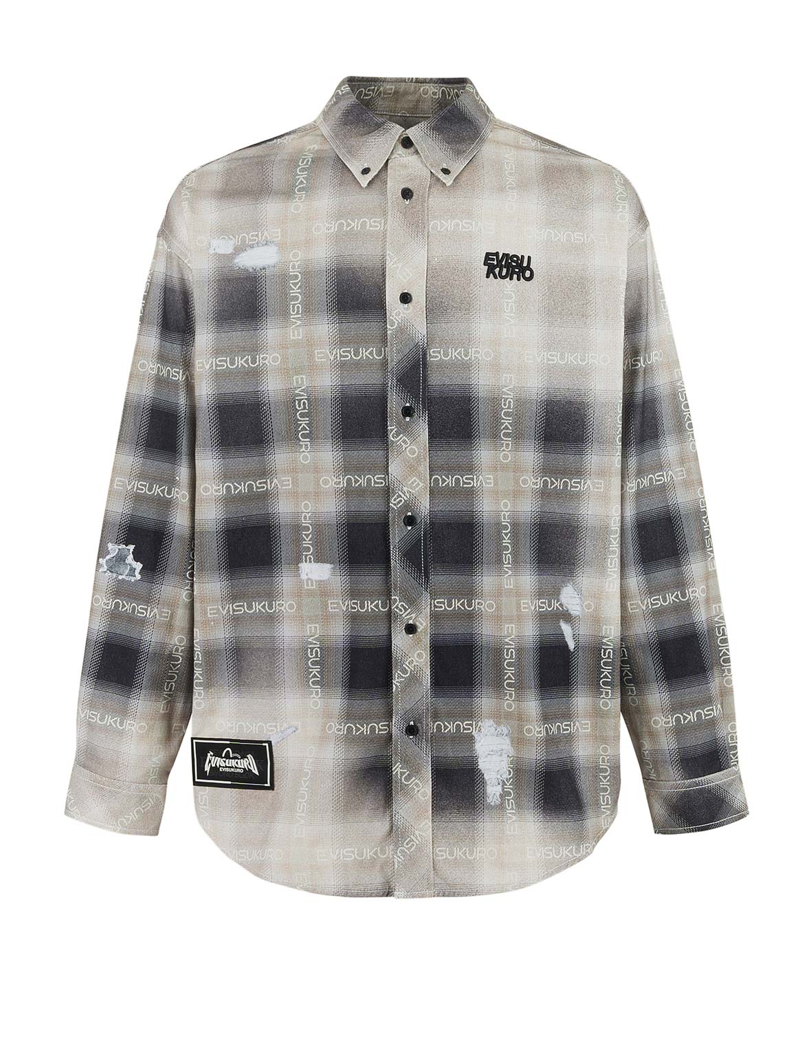 Allover Logo Print Distressed Oversized Check Shirt - Image 11