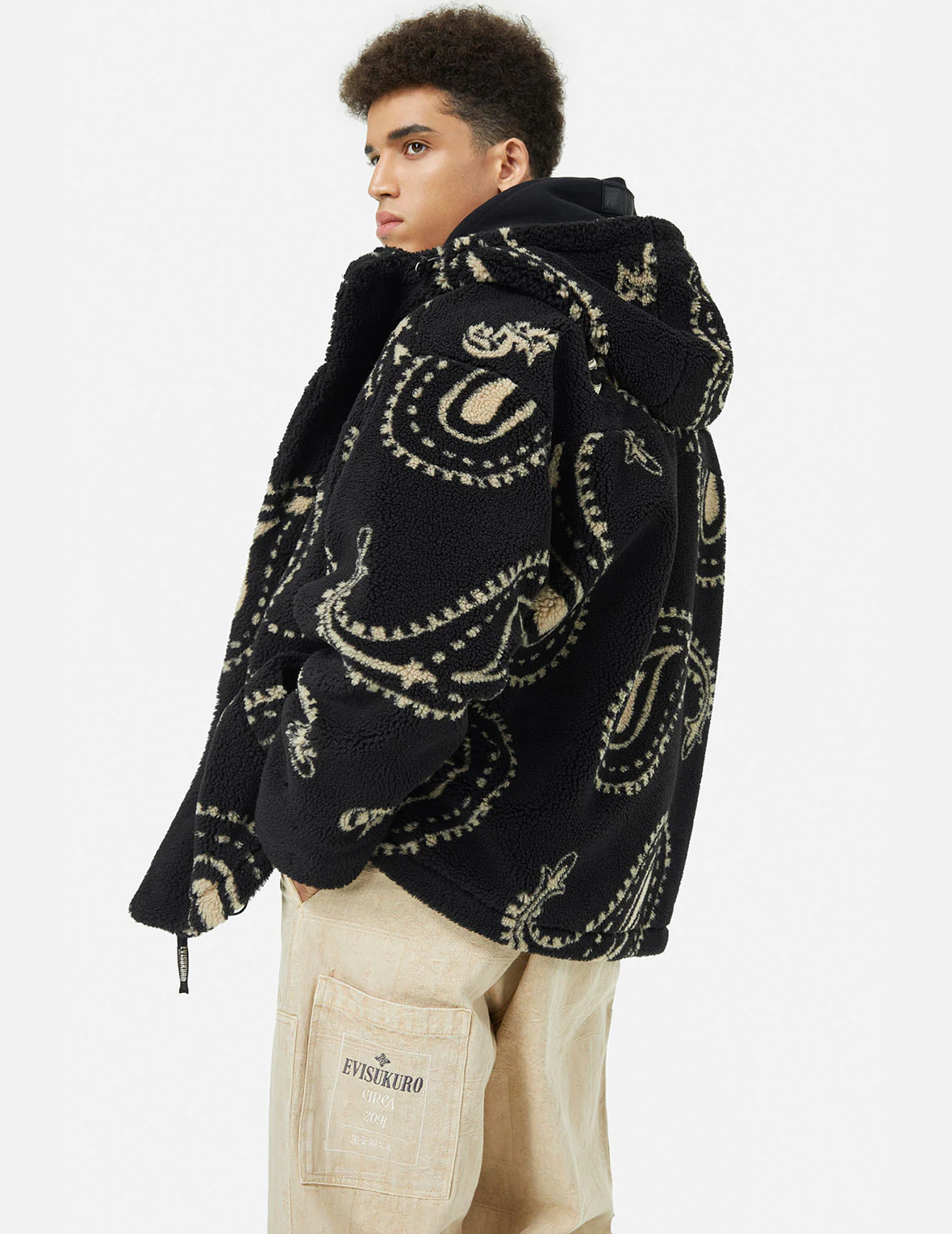Allover Paisley Print Relax Fit Fleece Padded Hooded Jacket - Image 4