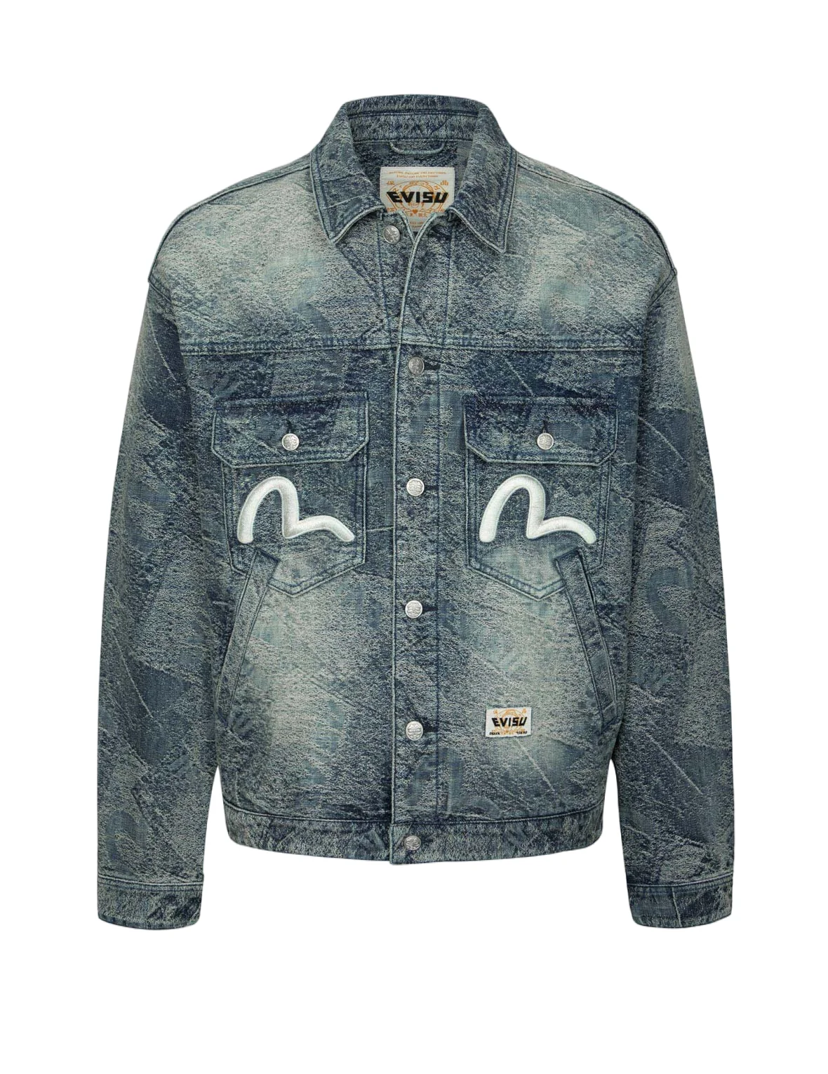 Allover Pocket Print and Seagull Embroidery Loose Fit Denim Jacket - Image 14