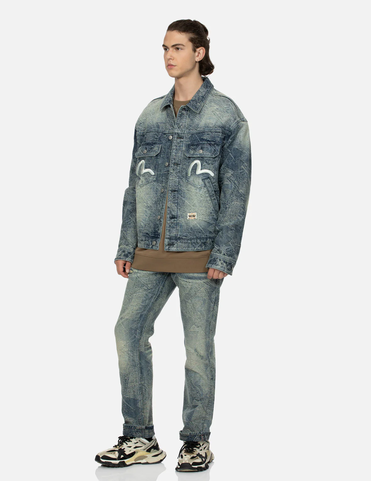 Allover Pocket Print and Seagull Embroidery Loose Fit Denim Jacket - Image 3