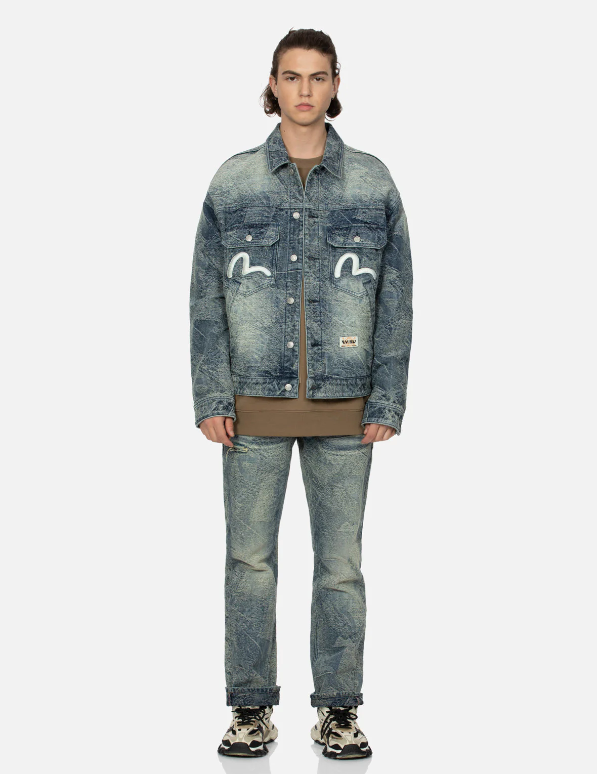 Allover Pocket Print and Seagull Embroidery Loose Fit Denim Jacket - Image 5
