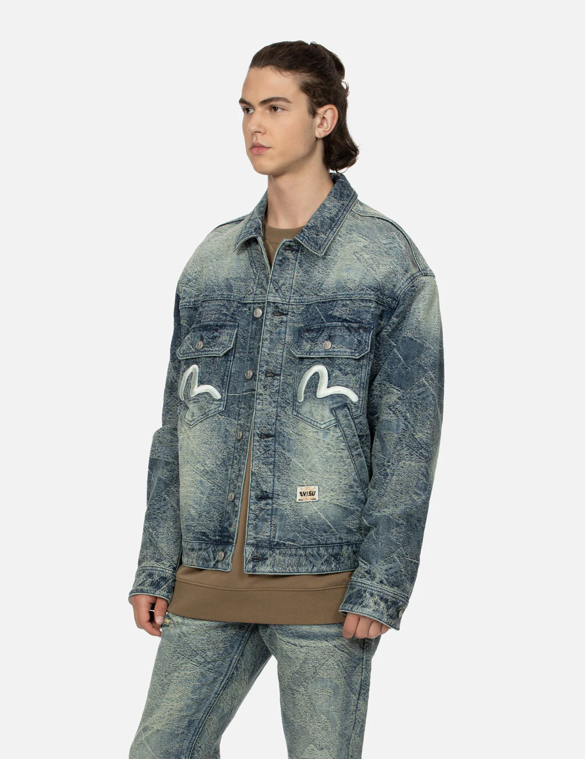 Allover Pocket Print and Seagull Embroidery Loose Fit Denim Jacket - Image 7