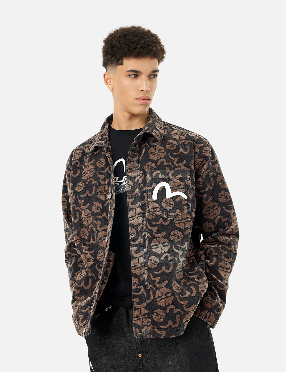 Allover Seagull and Kamon Jacquard Loose Fit Shirt Jacket - Image 7
