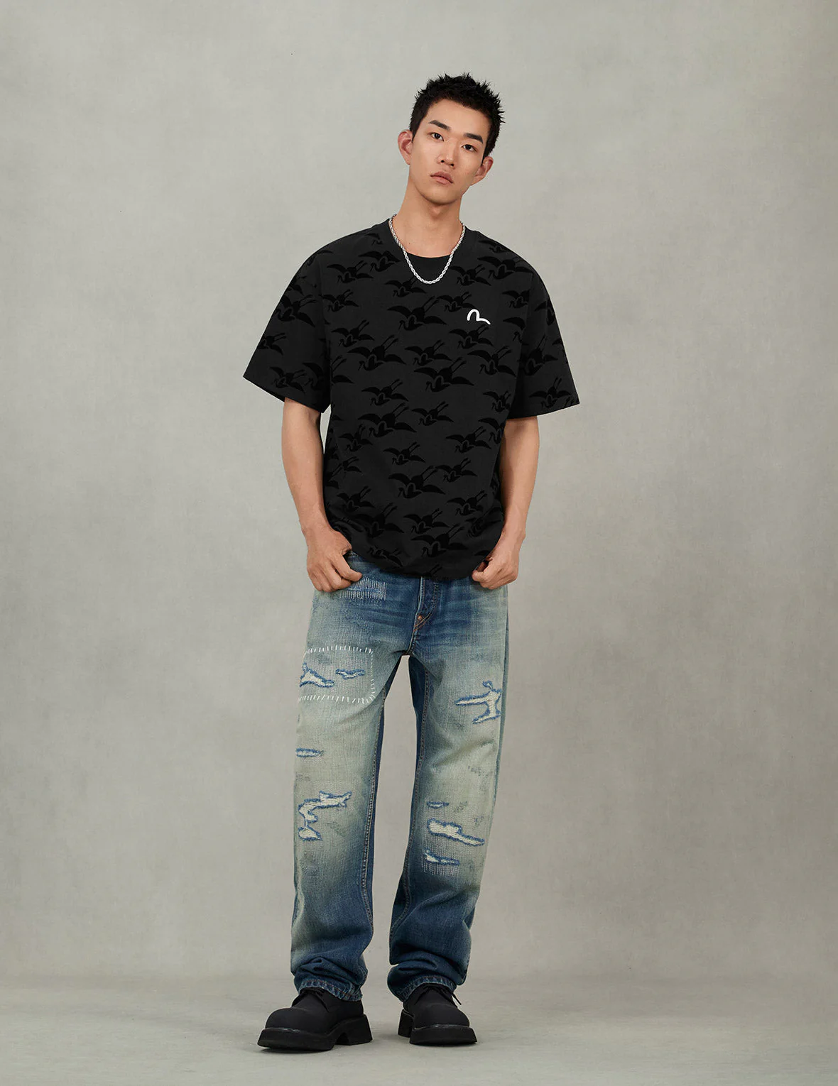 Allover Seagull Crane Flocking Print Relax Fit T-shirt - Image 9