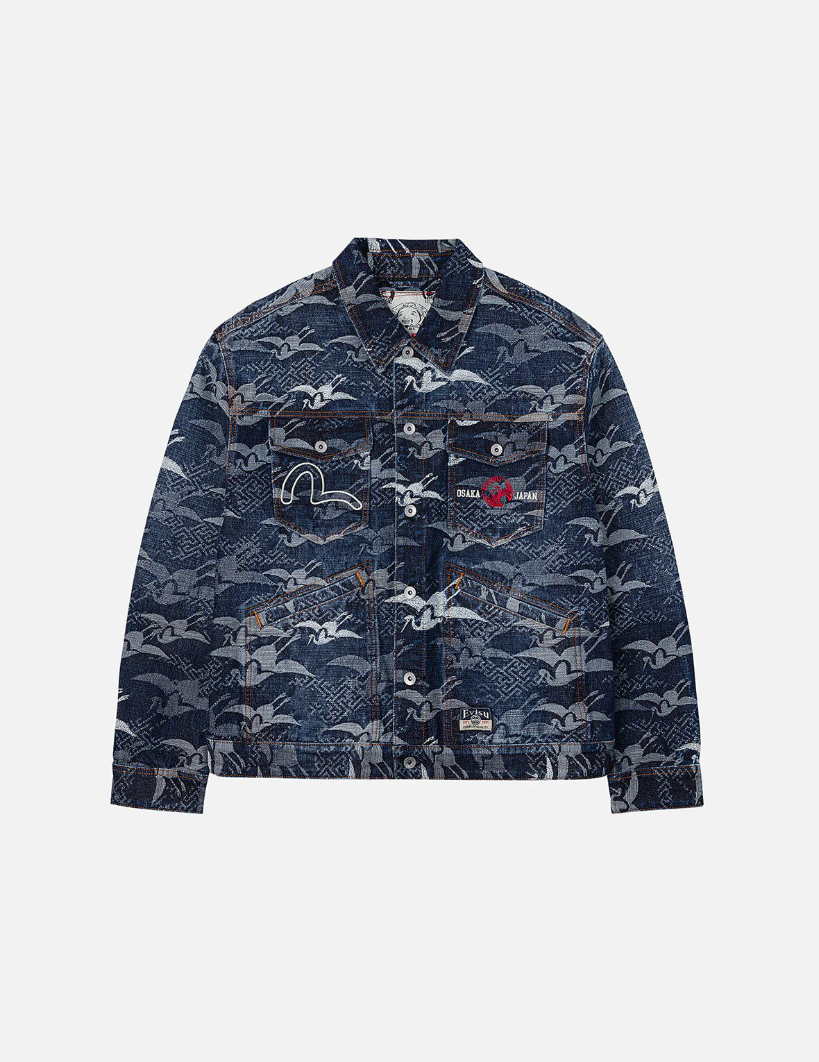 Allover Seagull Cranes Jacquard Loose Fit Denim Jacket - Image 3
