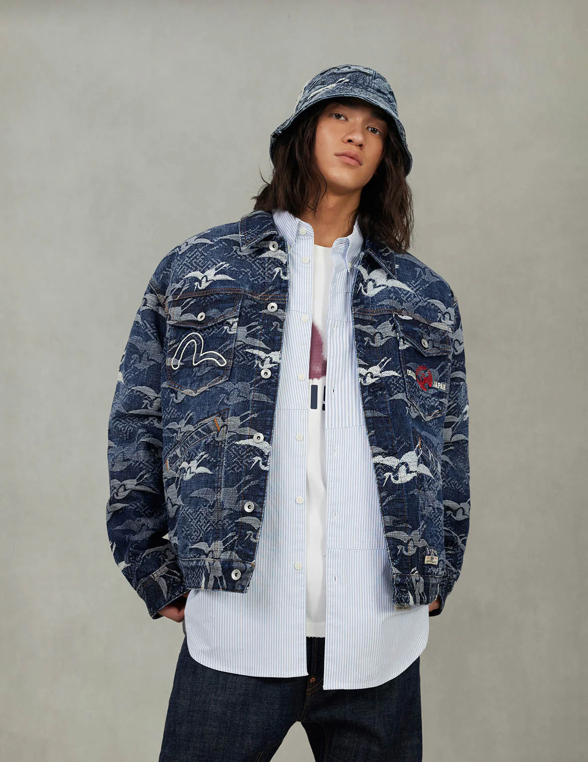 Allover Seagull Cranes Jacquard Loose Fit Denim Jacket - Image 7