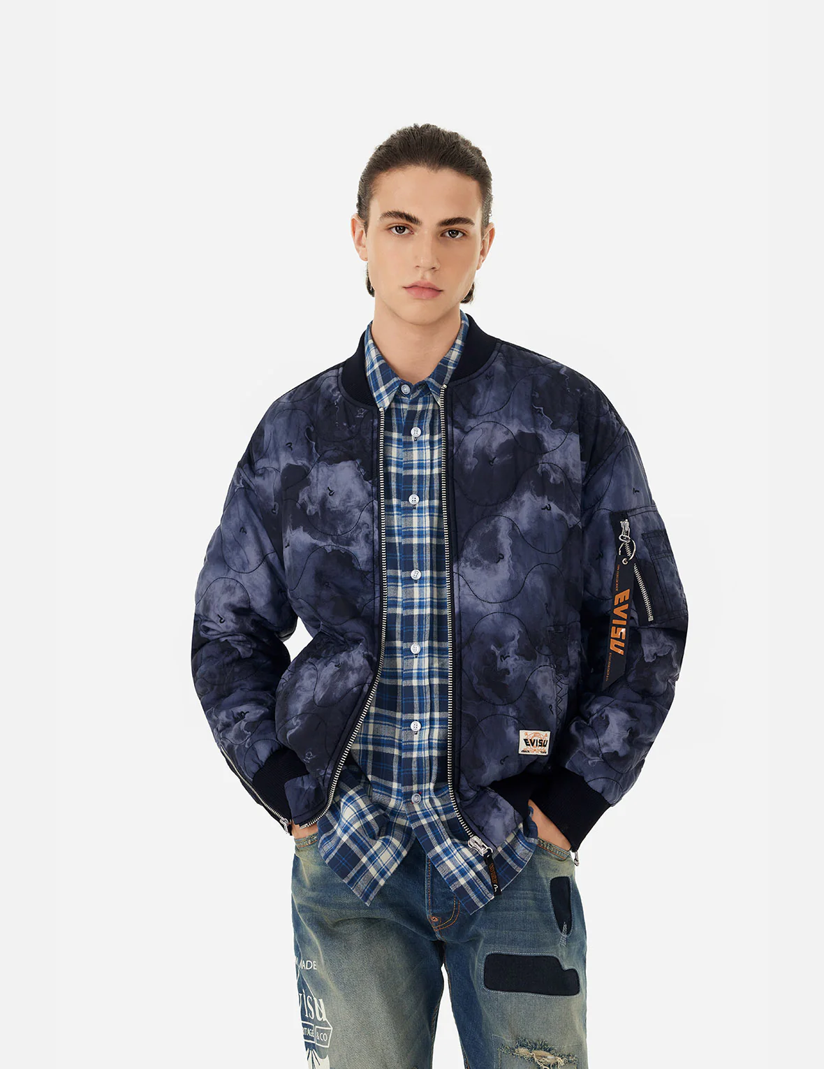 Allover Seagull Embroidery Tie-Dye Loose Fit Padded Bomber Jacket - Image 13