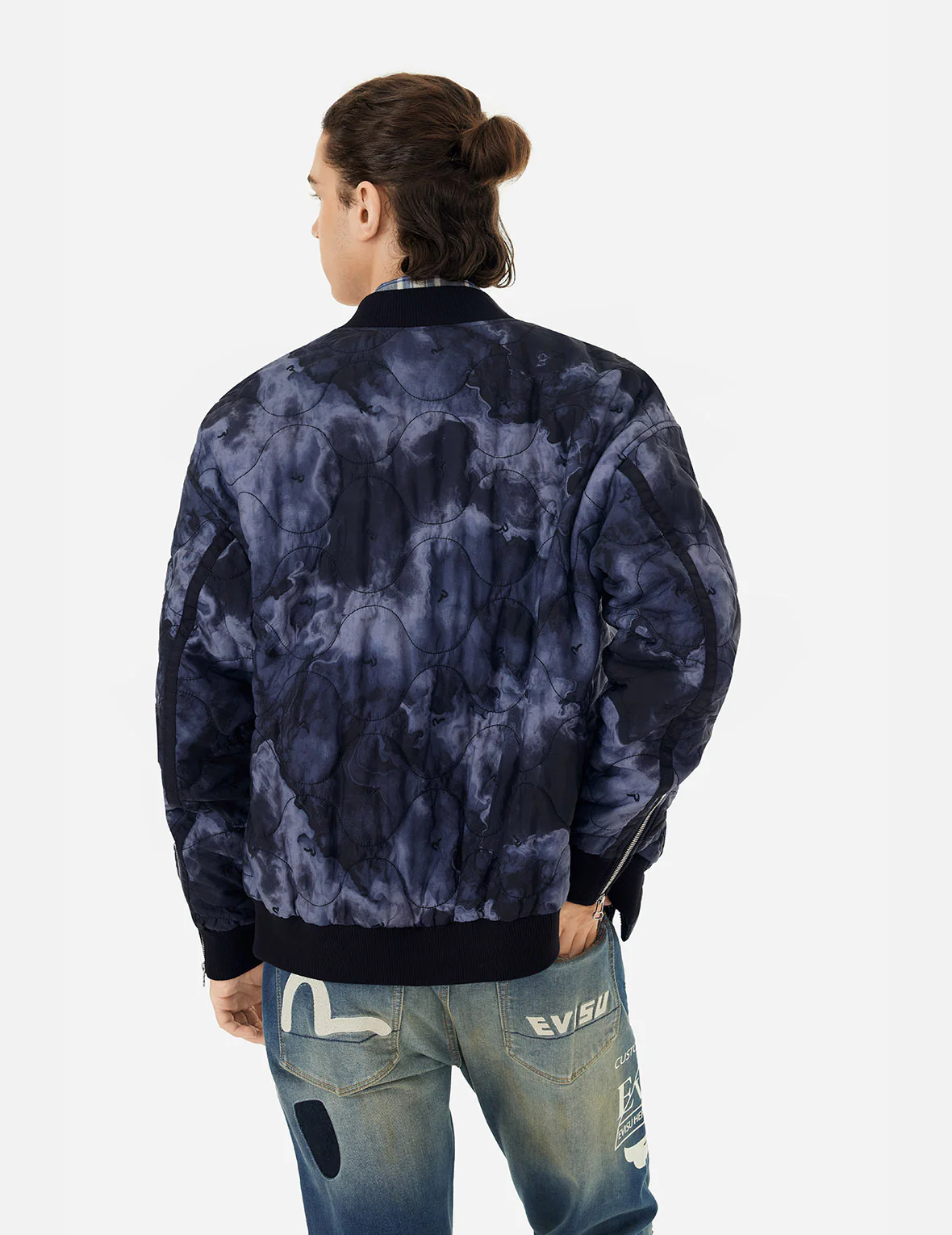 Allover Seagull Embroidery Tie-Dye Loose Fit Padded Bomber Jacket - Image 14