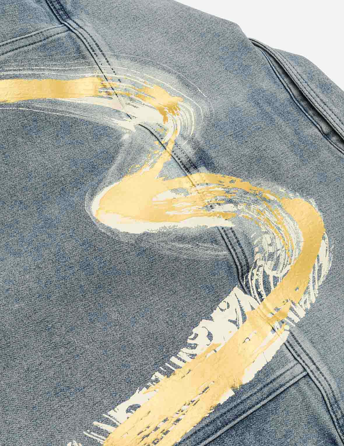 Artistic Brush Daicock Print Relax Fit Denim Jacket - Image 5