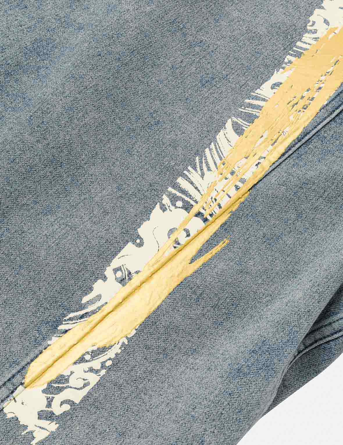 Artistic Brush Daicock Print Relax Fit Denim Jacket - Image 6