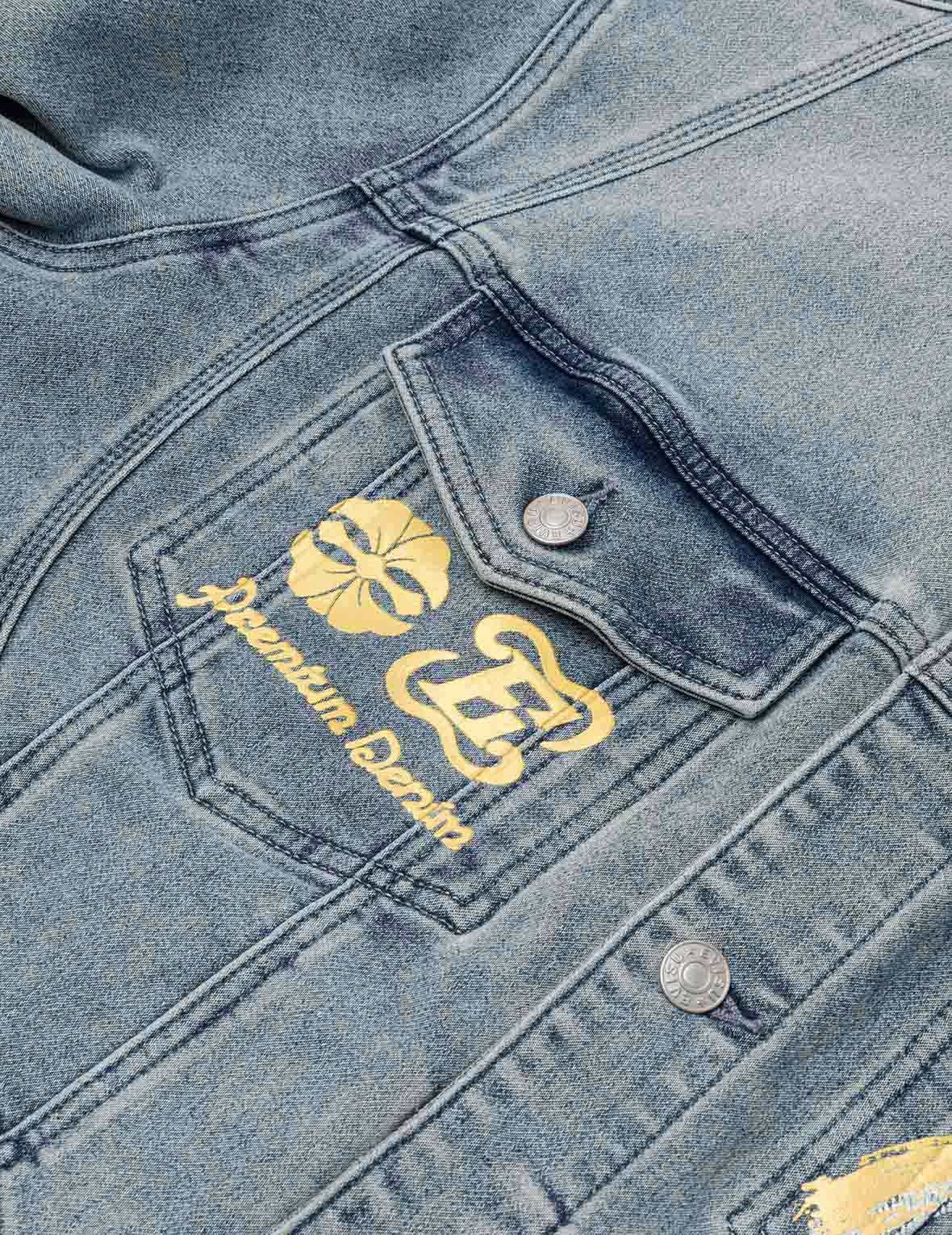 Artistic Brush Daicock Print Relax Fit Denim Jacket - Image 8