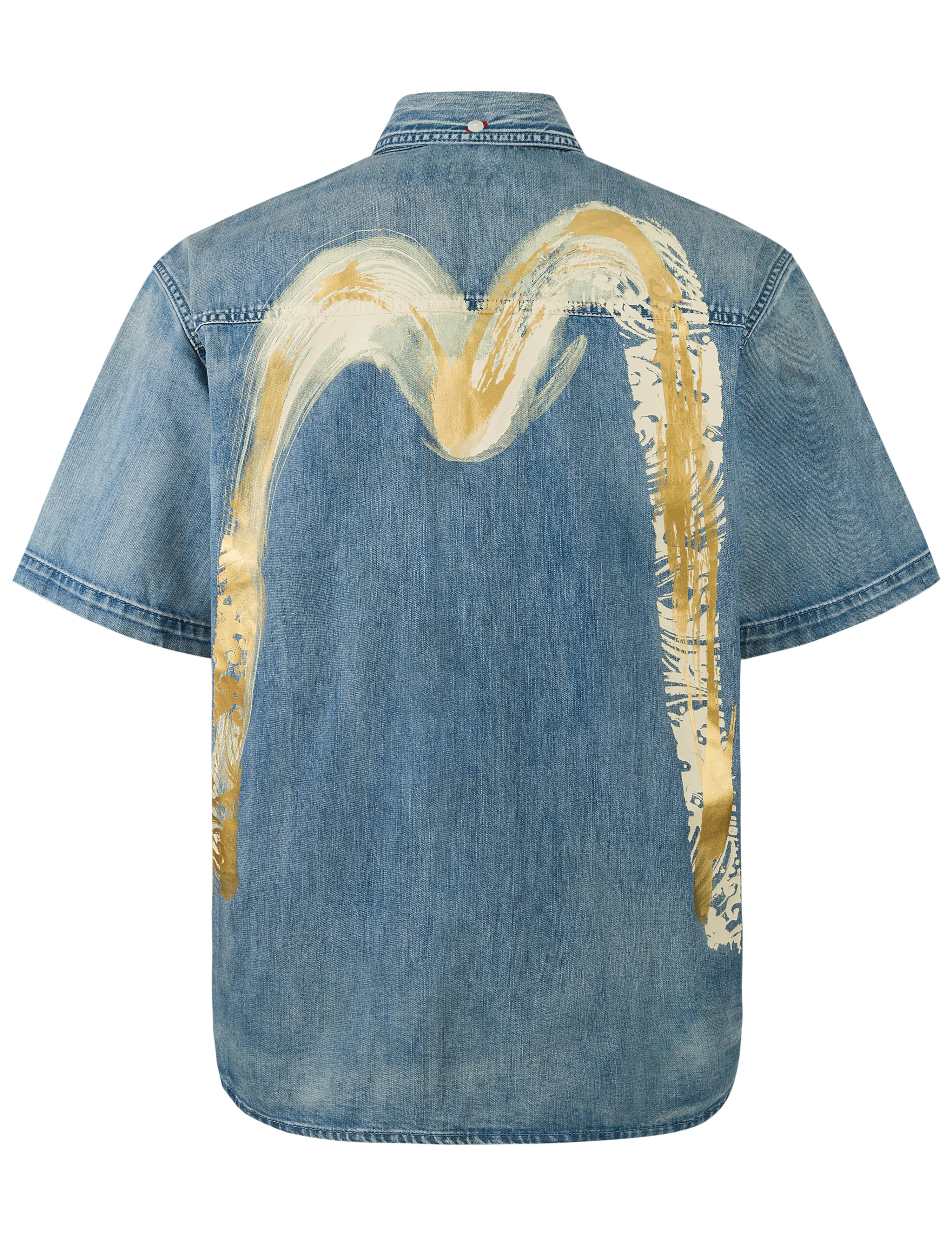 Artistic Brush Daicock Print Relax Fit Denim Short-Sleeves Shirt - Image 11