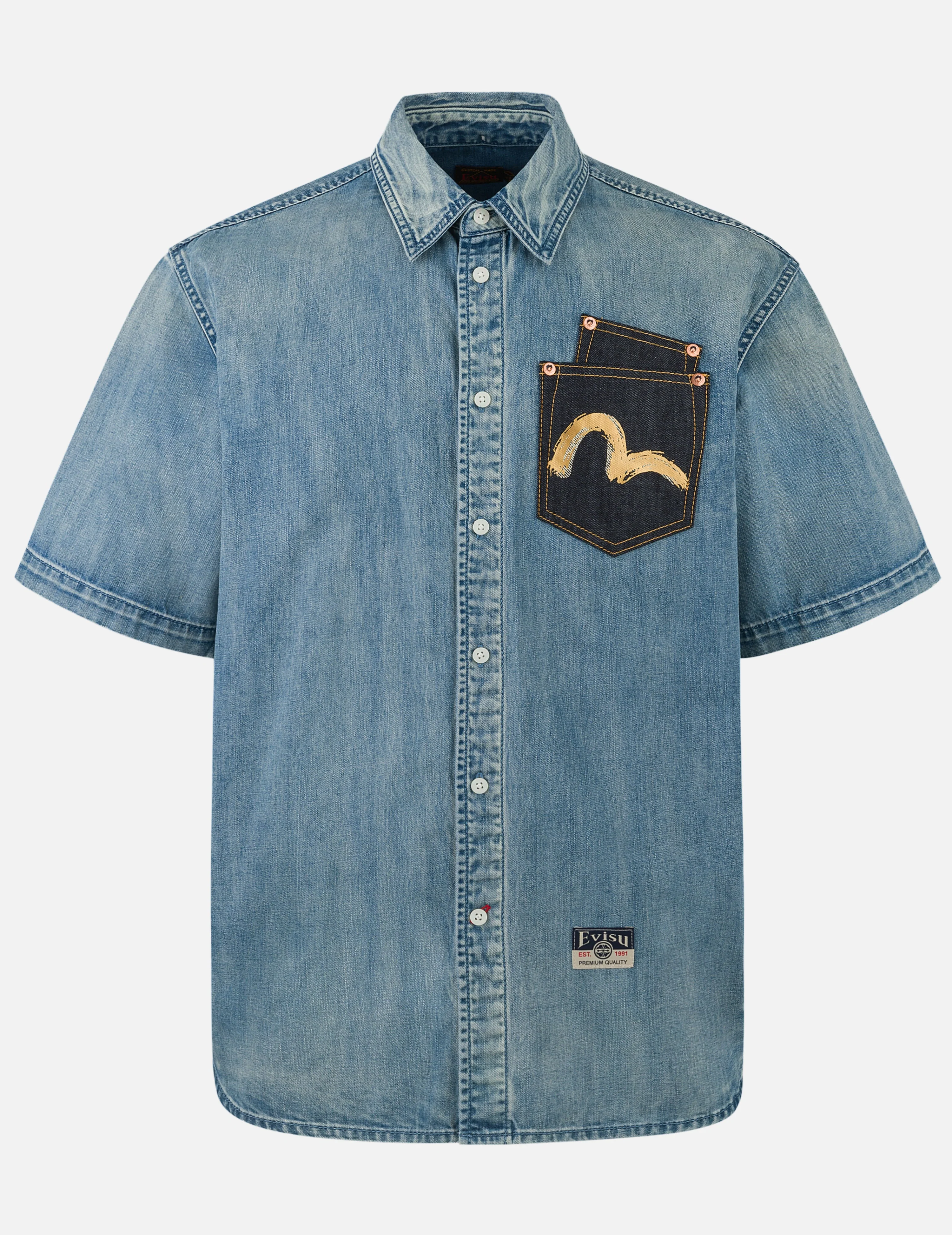 Artistic Brush Daicock Print Relax Fit Denim Short-Sleeves Shirt - Image 2