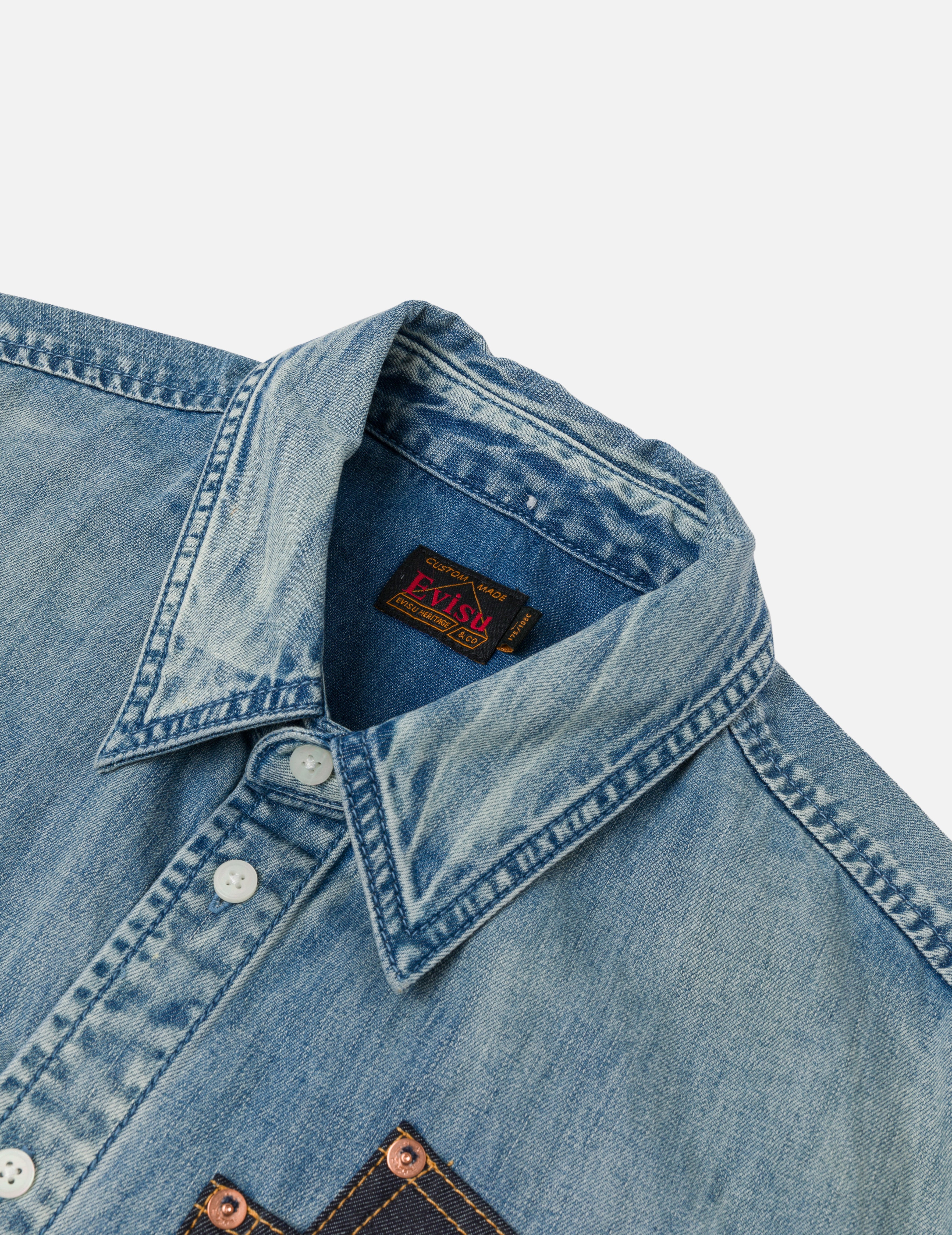 Artistic Brush Daicock Print Relax Fit Denim Short-Sleeves Shirt - Image 7