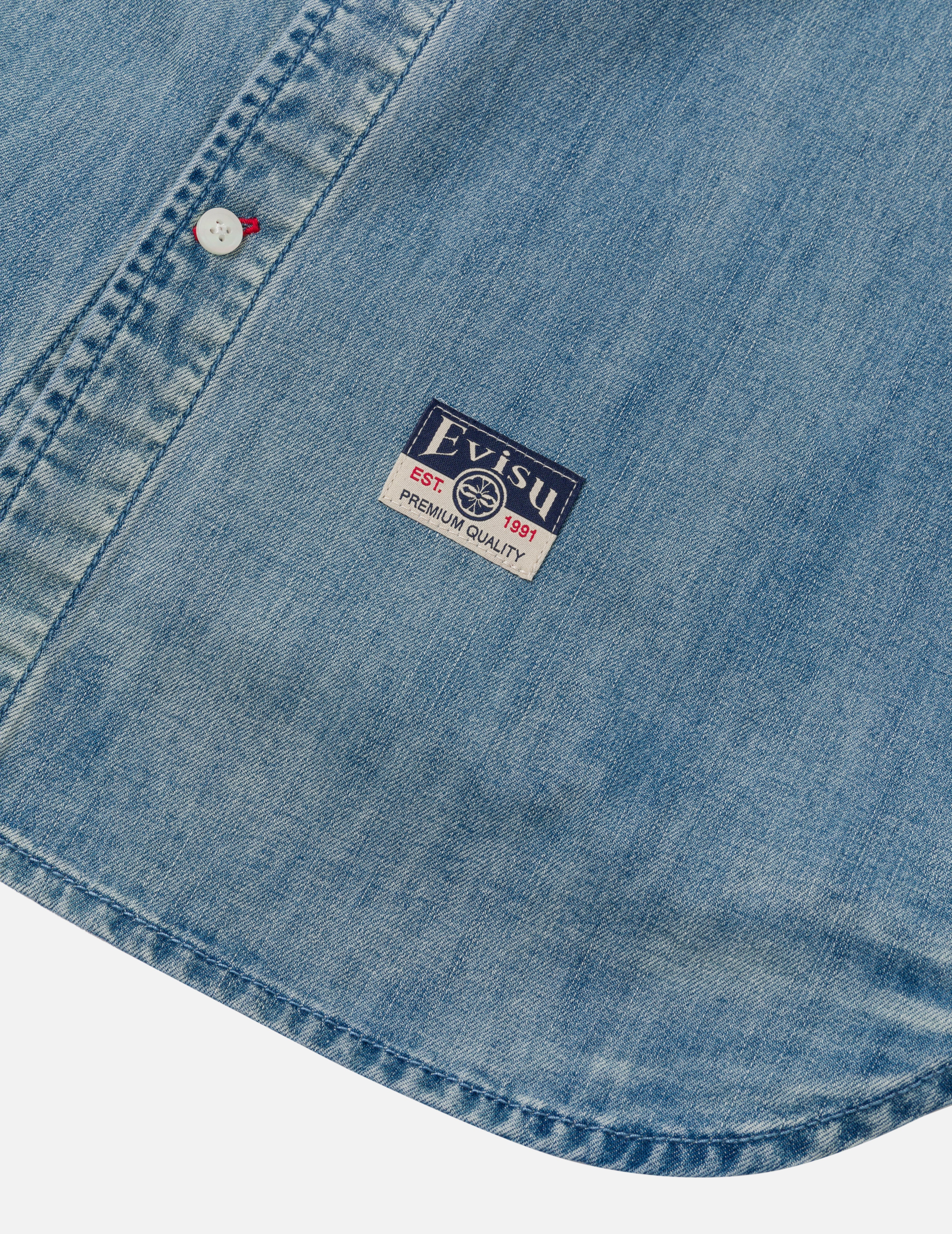 Artistic Brush Daicock Print Relax Fit Denim Short-Sleeves Shirt - Image 9