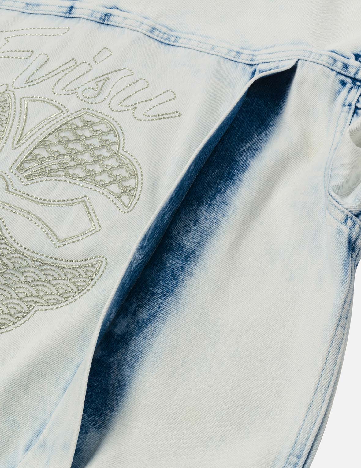 Bleach Washed Kamon Embroidery Fashion Fit Denim Jacket - Image 12