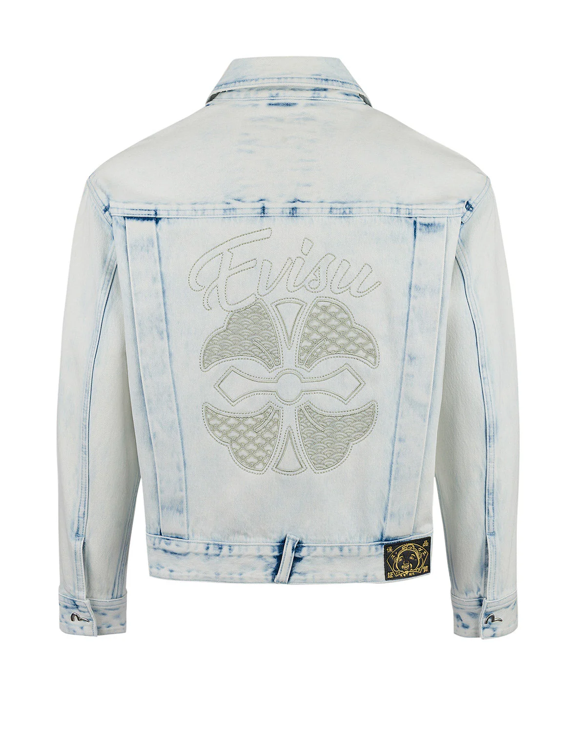 Bleach Washed Kamon Embroidery Fashion Fit Denim Jacket - Image 13