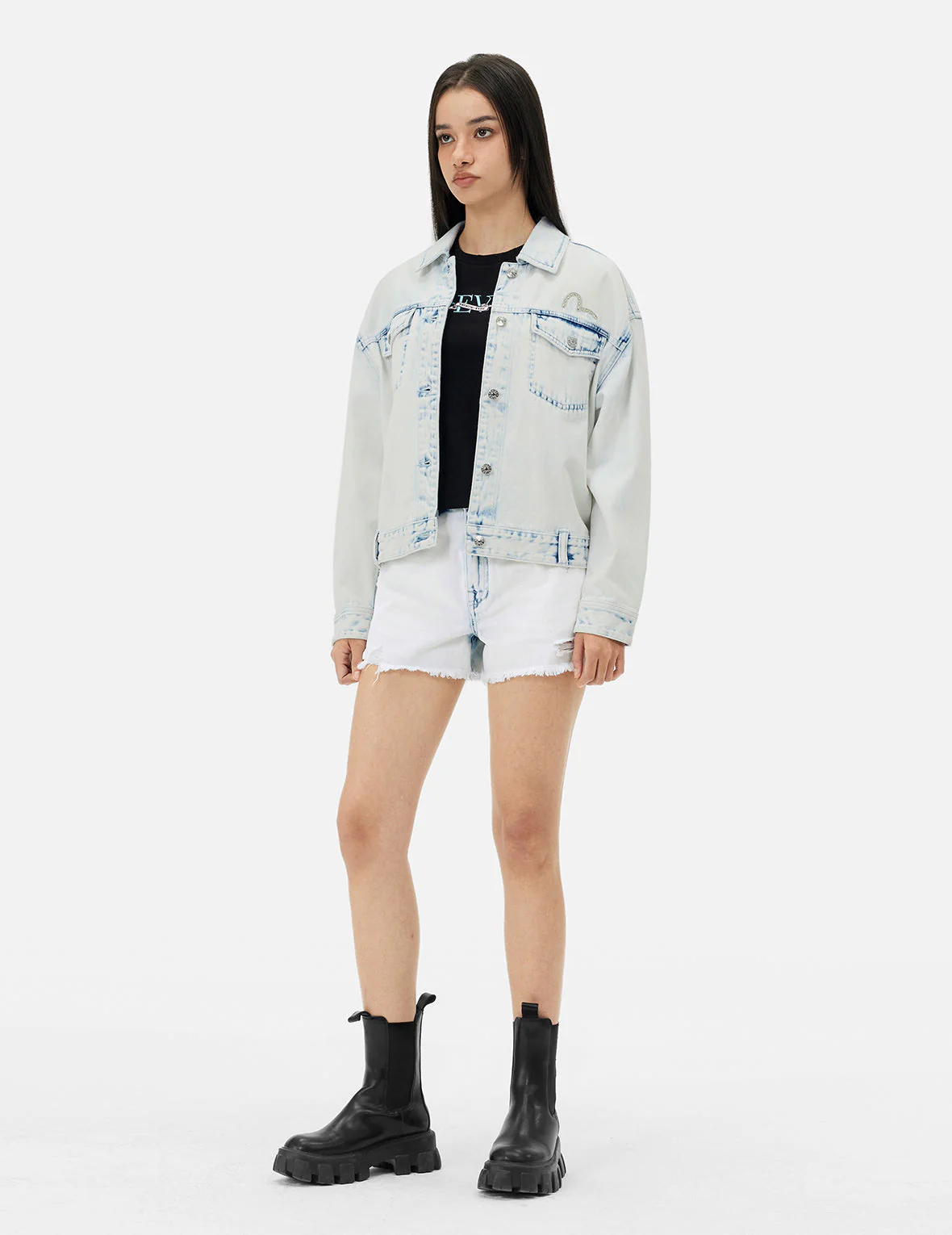 Bleach Washed Kamon Embroidery Fashion Fit Denim Jacket - Image 3