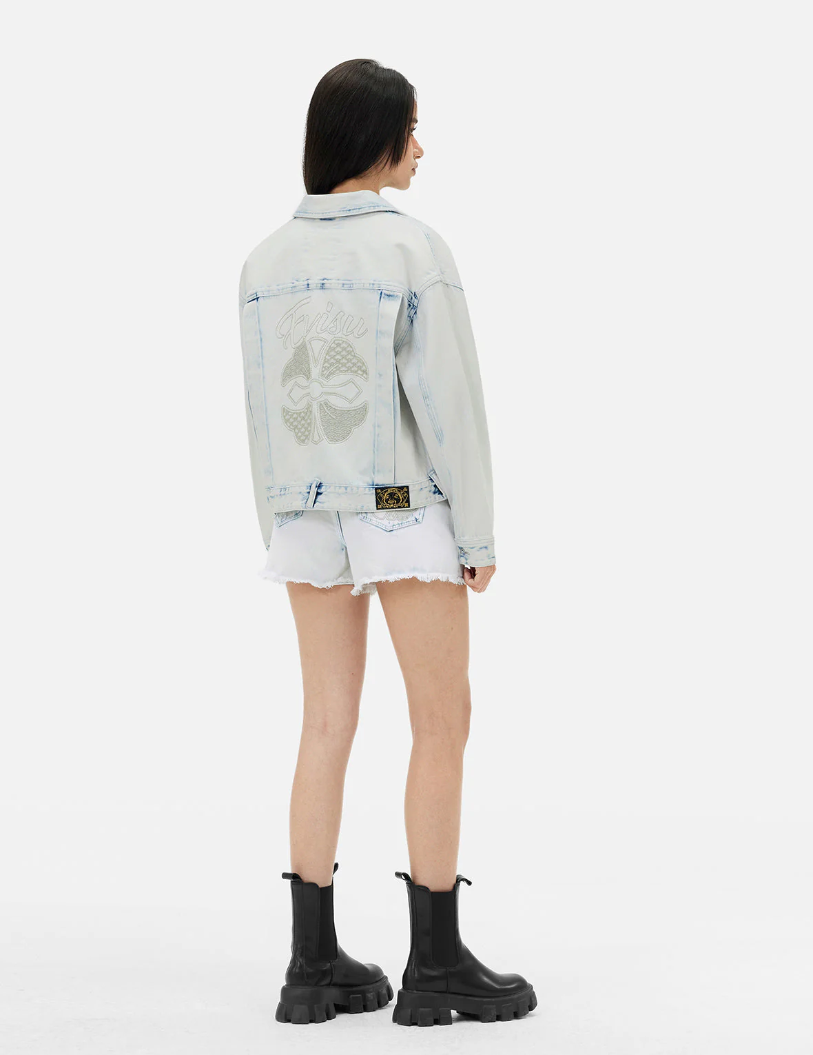 Bleach Washed Kamon Embroidery Fashion Fit Denim Jacket - Image 4