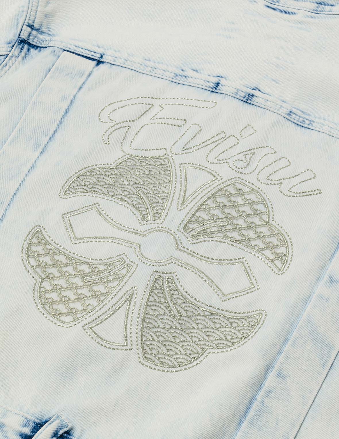 Bleach Washed Kamon Embroidery Fashion Fit Denim Jacket - Image 5