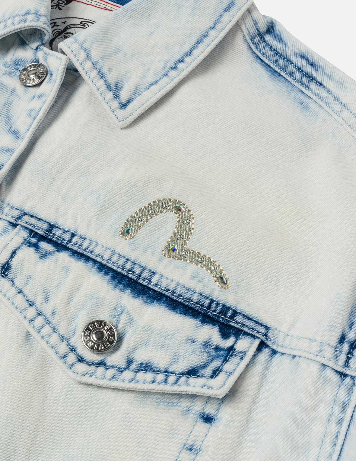 Bleach Washed Kamon Embroidery Fashion Fit Denim Jacket - Image 6