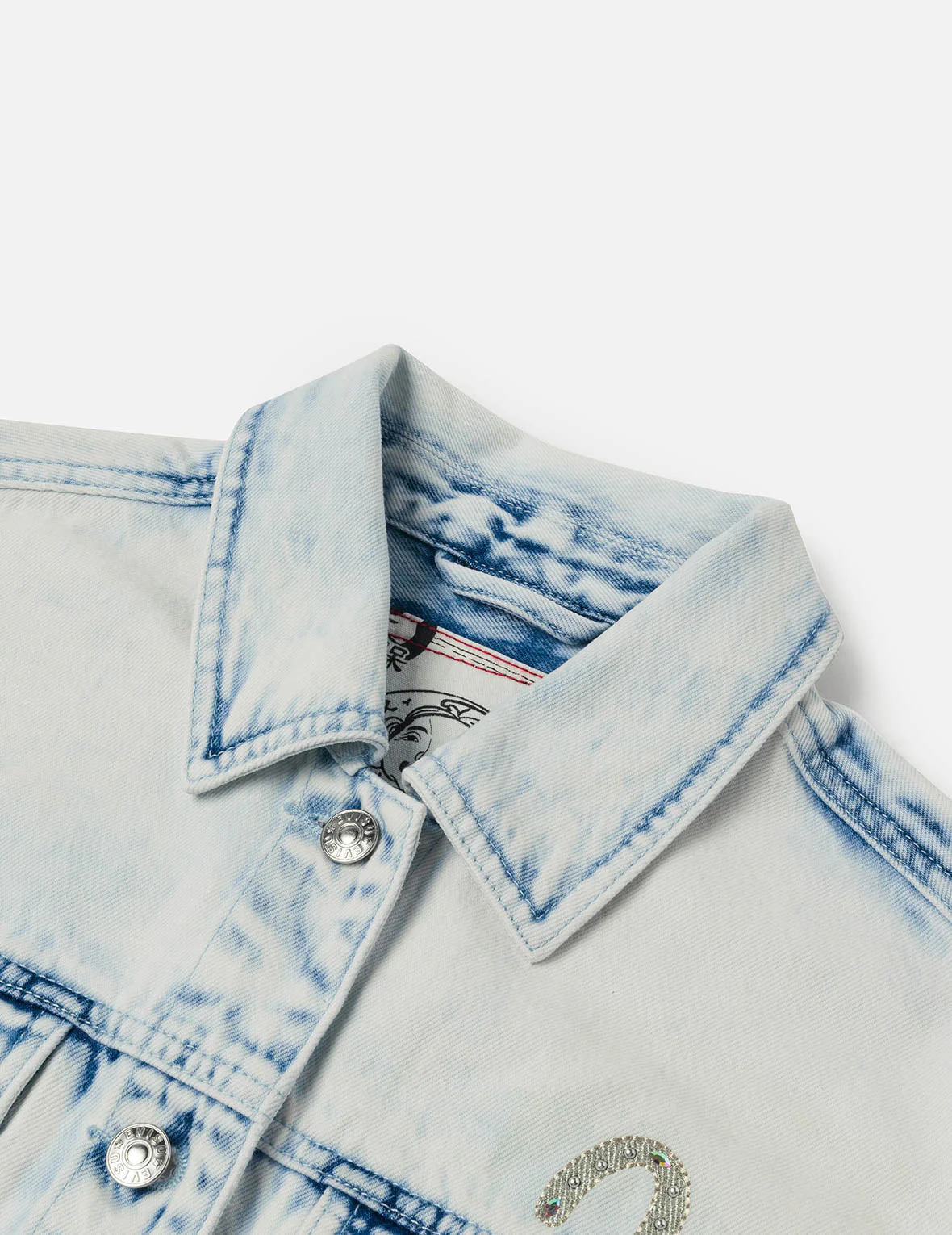 Bleach Washed Kamon Embroidery Fashion Fit Denim Jacket - Image 7