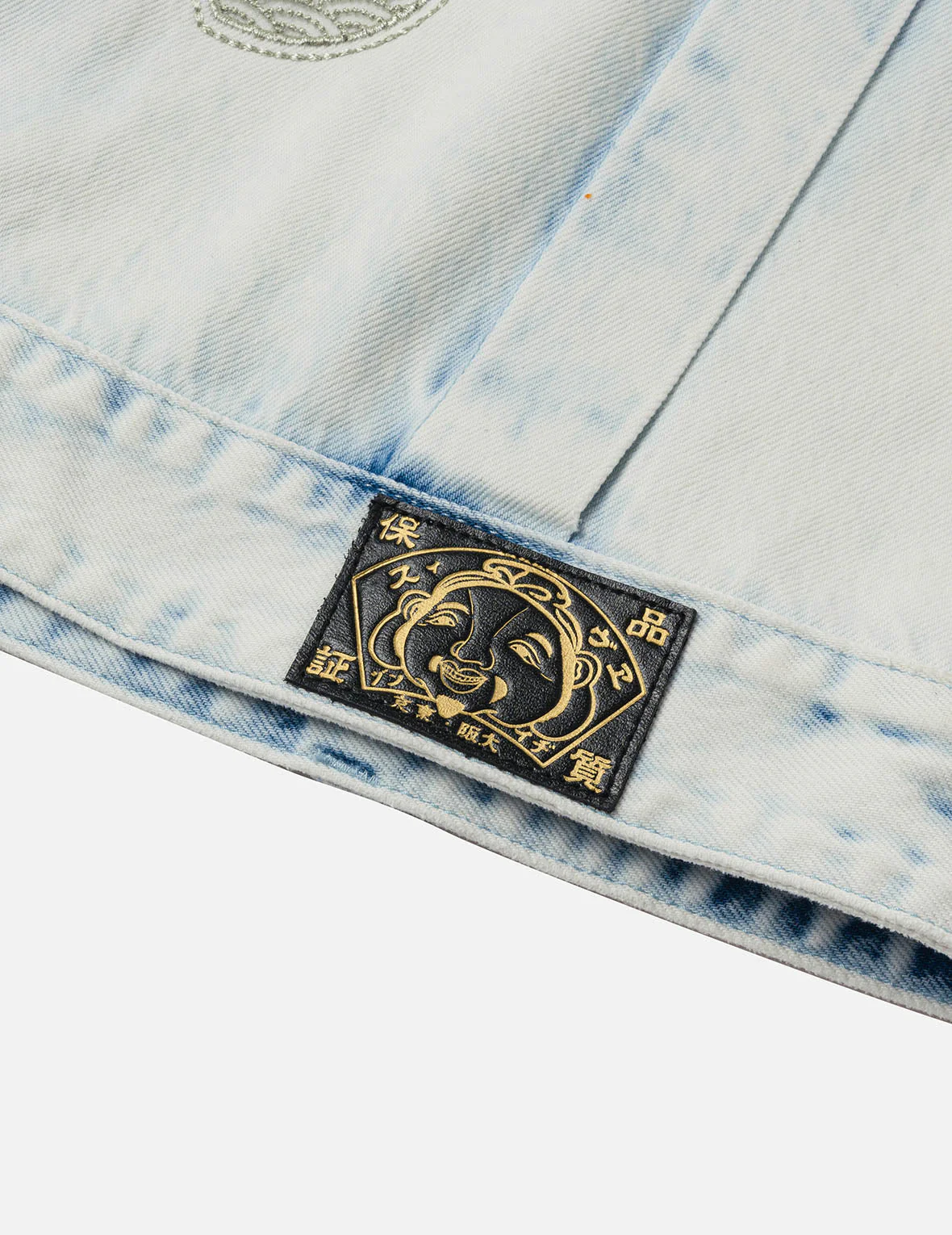 Bleach Washed Kamon Embroidery Fashion Fit Denim Jacket - Image 9