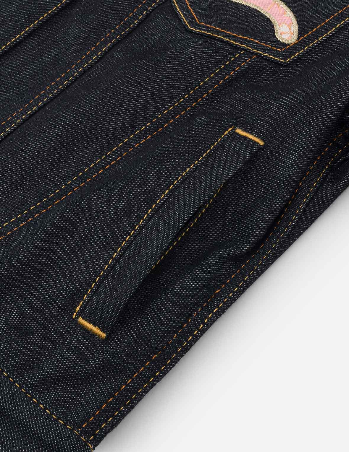 Brocade Inserted Kamon and Logo Embroidery Regular Fit Denim Jacket - Image 10