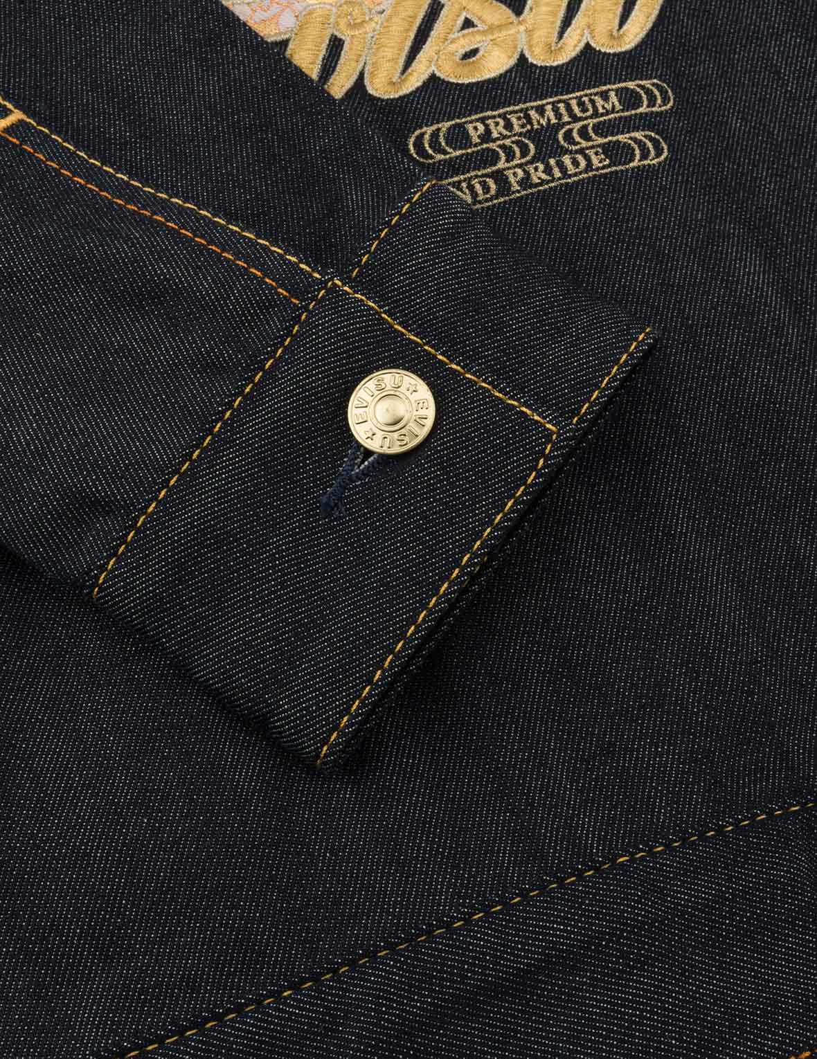 Brocade Inserted Kamon and Logo Embroidery Regular Fit Denim Jacket - Image 11