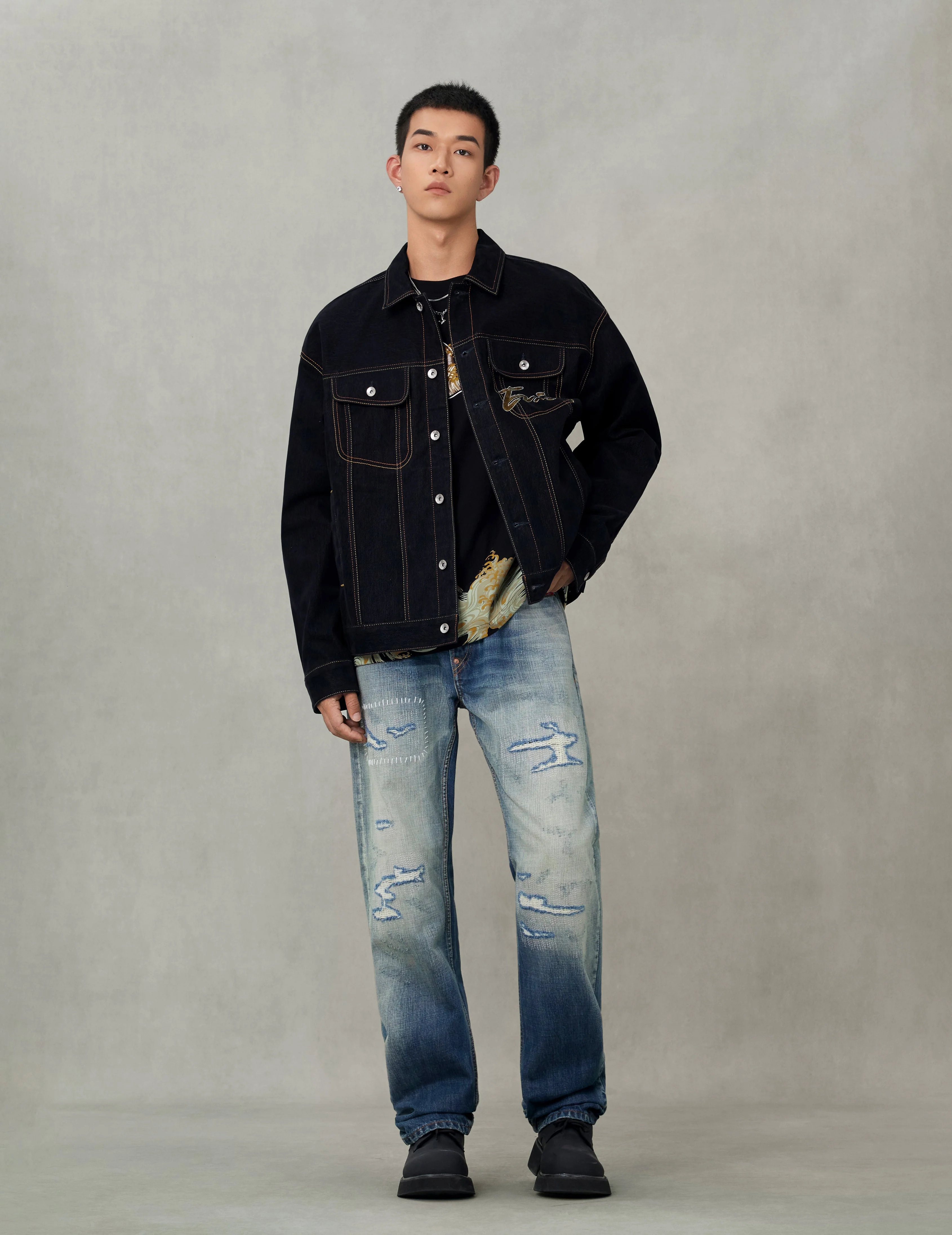 Brushstroke Daicock Print with Logo Embroidery Loose Fit Denim Jacket - Image 5