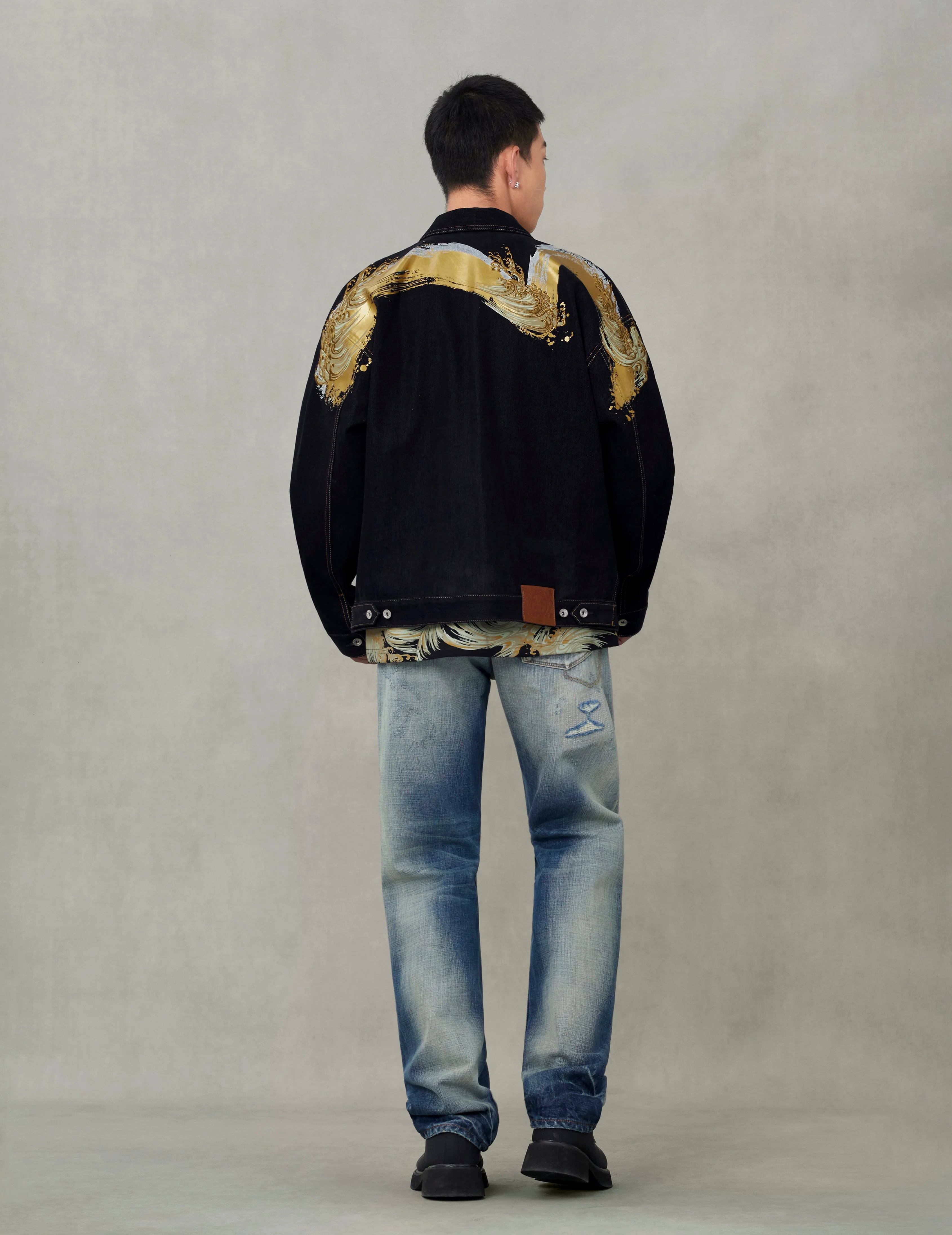 Brushstroke Daicock Print with Logo Embroidery Loose Fit Denim Jacket - Image 6