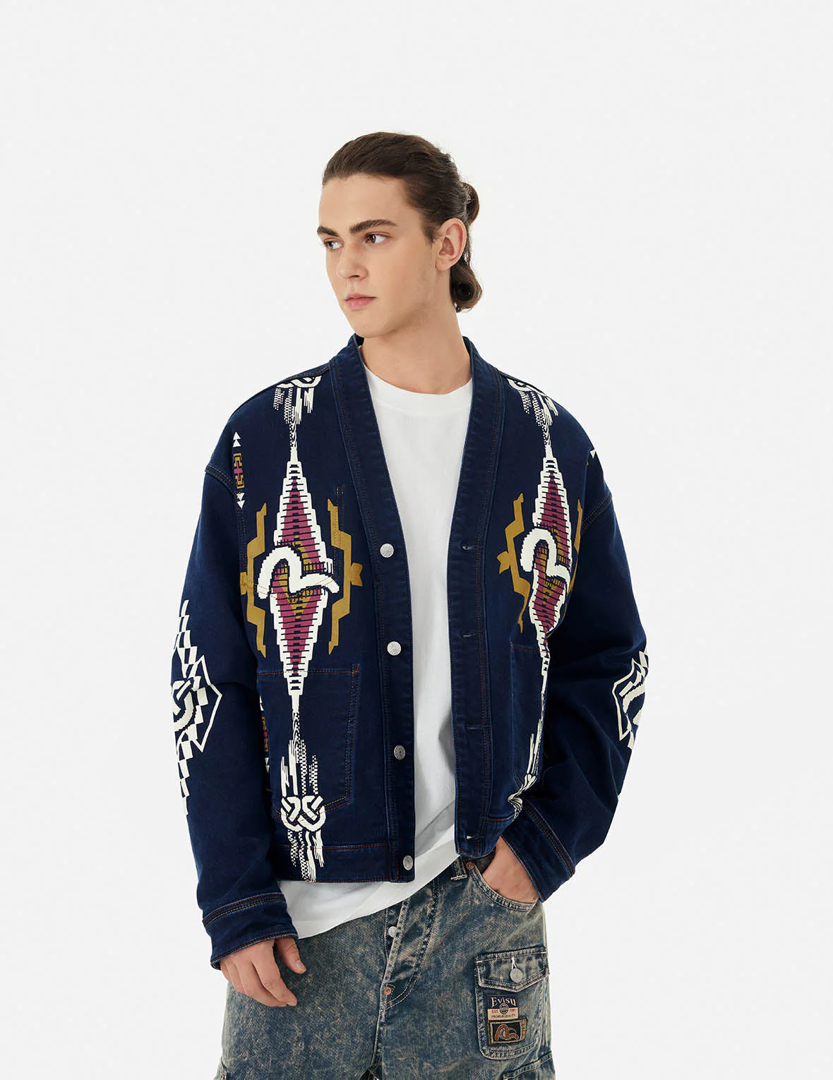 Chimayo Tapestry and Seagull Print Reversible Boxy Denim Jacket - Image 18