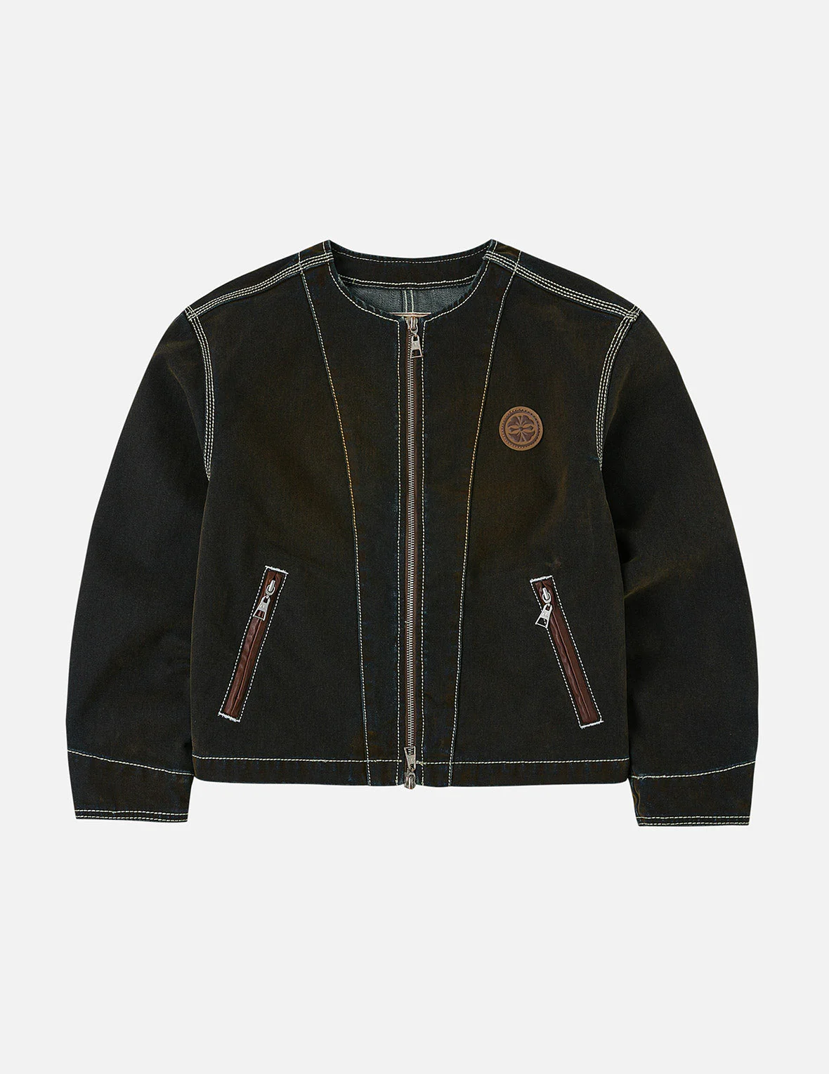 Contrast Stitch Design and Kamon Leather Label Regular Fit Denim Jacket - Image 3