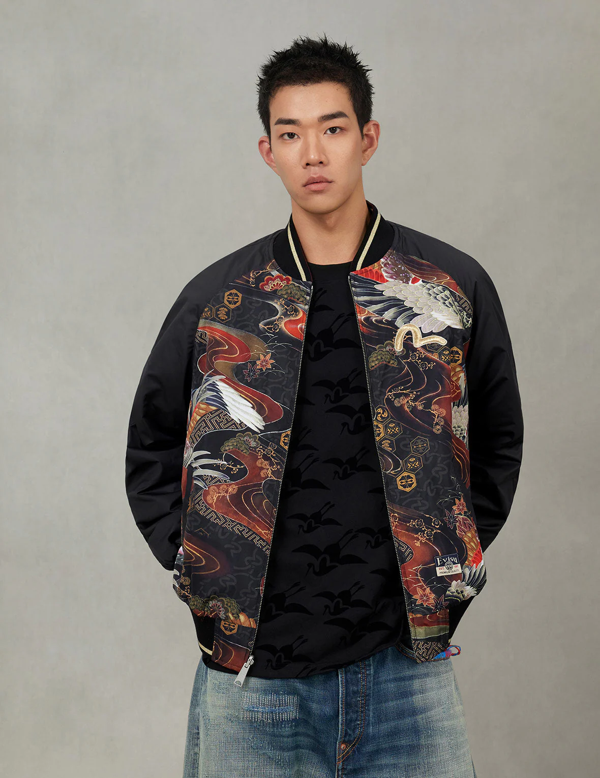 Crane and Logo Embroidery Regular Fit Reversible Bomber Jacket - Image 7