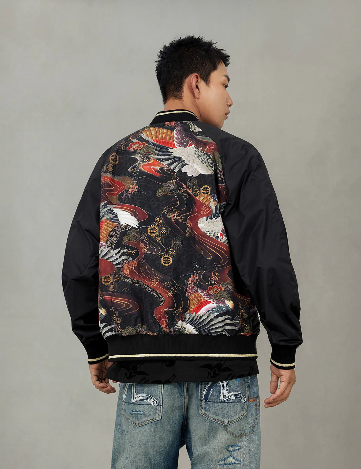 Crane and Logo Embroidery Regular Fit Reversible Bomber Jacket - Image 8