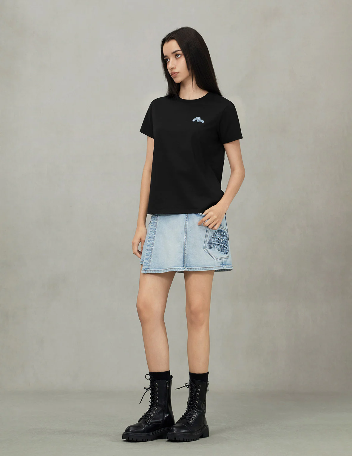 Deconstructed Denim Applique Embroidery Regular Fit T-Shirt - Image 5
