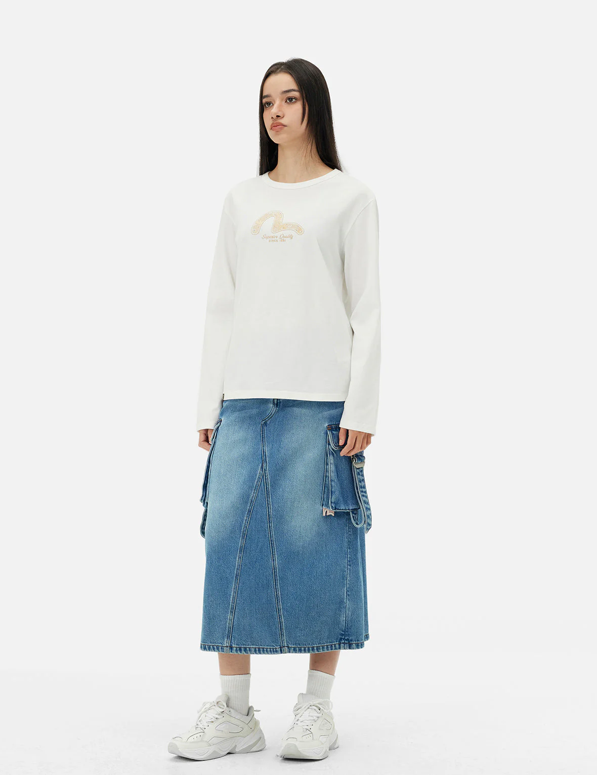 Deconstructed Inserted Seagull Embroidery Fashion Fit Denim Cargo Skirt - Image 3