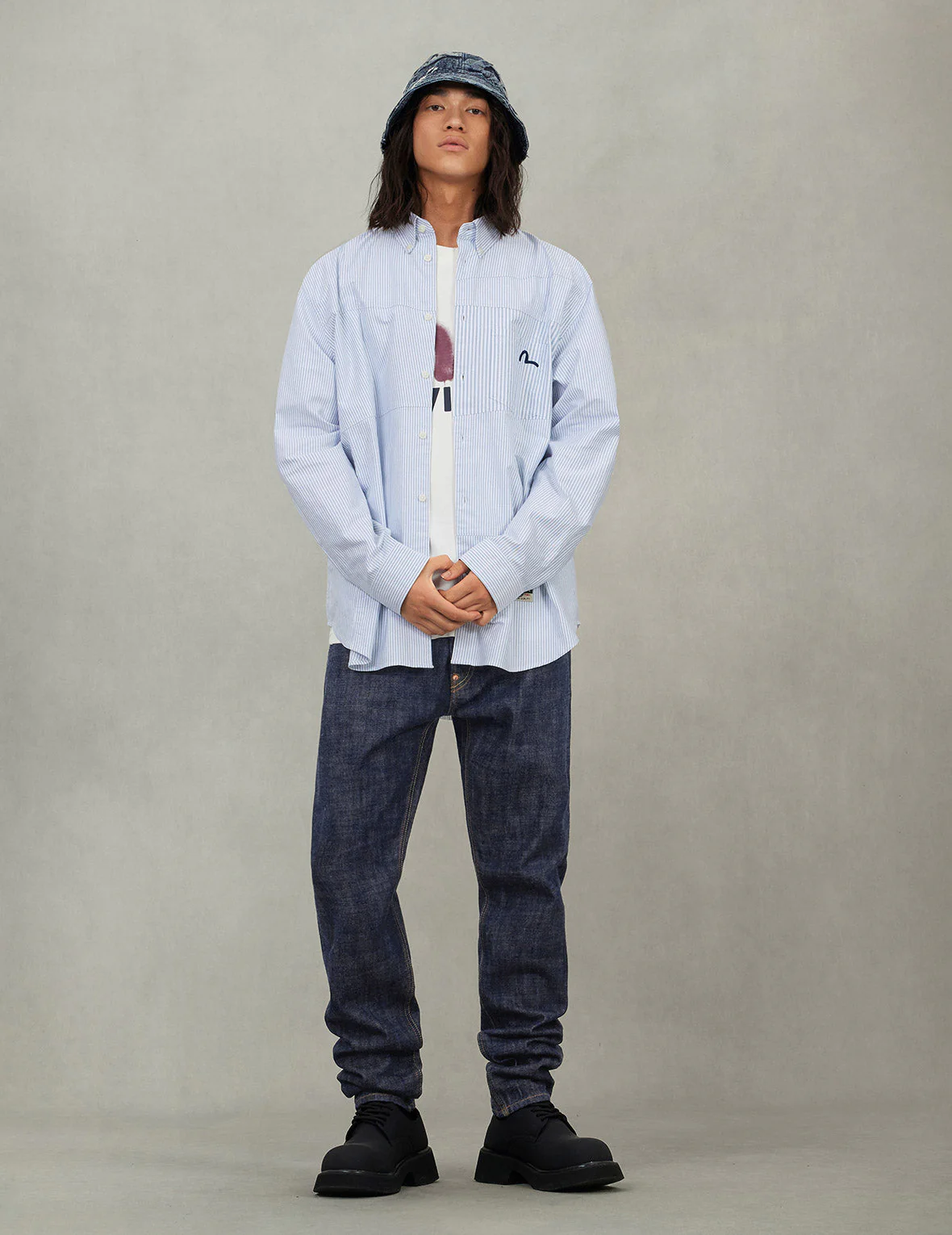 Deconstructed Seagull Embroidery Relax Fit Striped Shirt - Image 3
